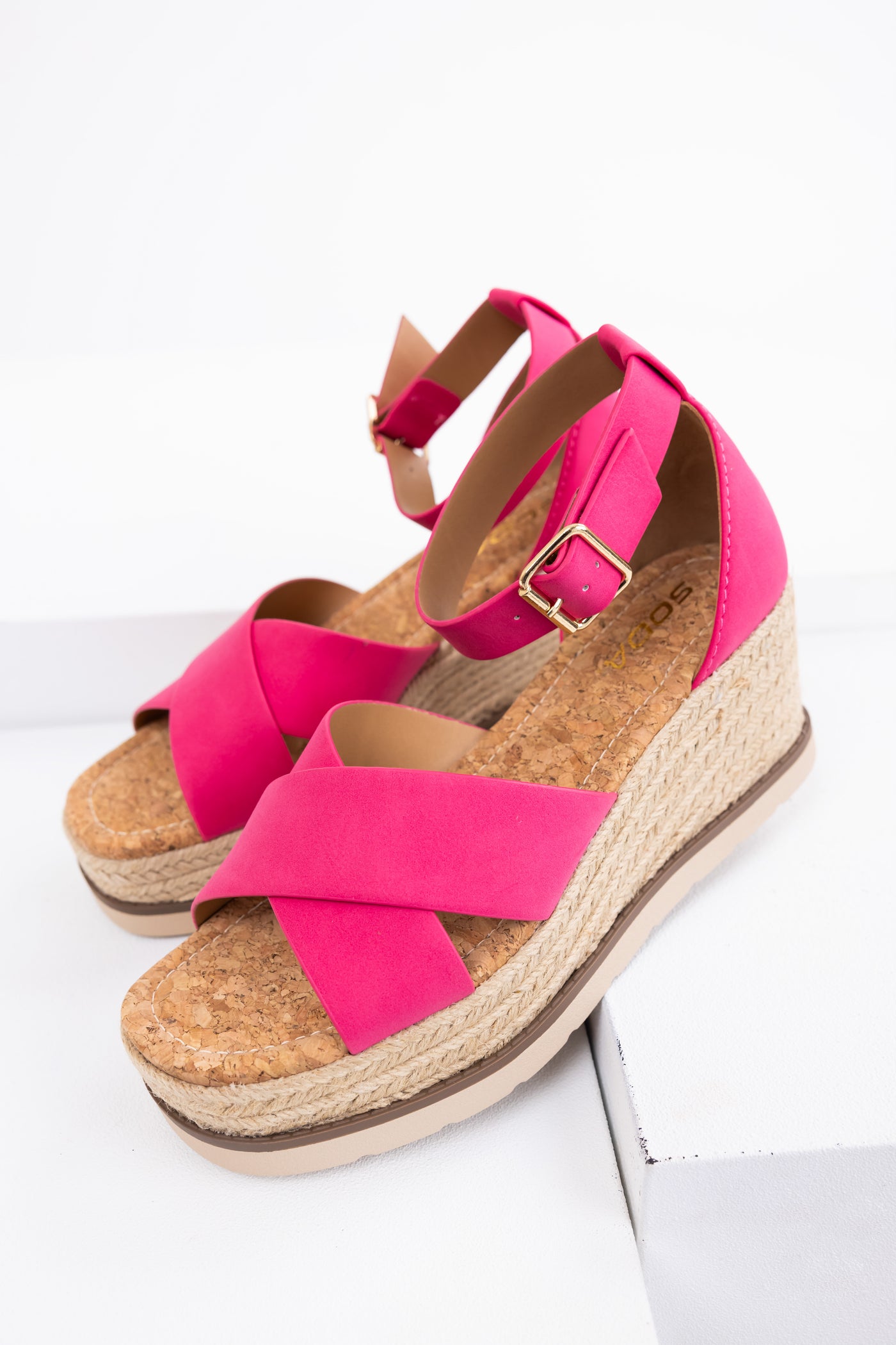 Hot Pink Cross Strap Espadrille Platform Sandals