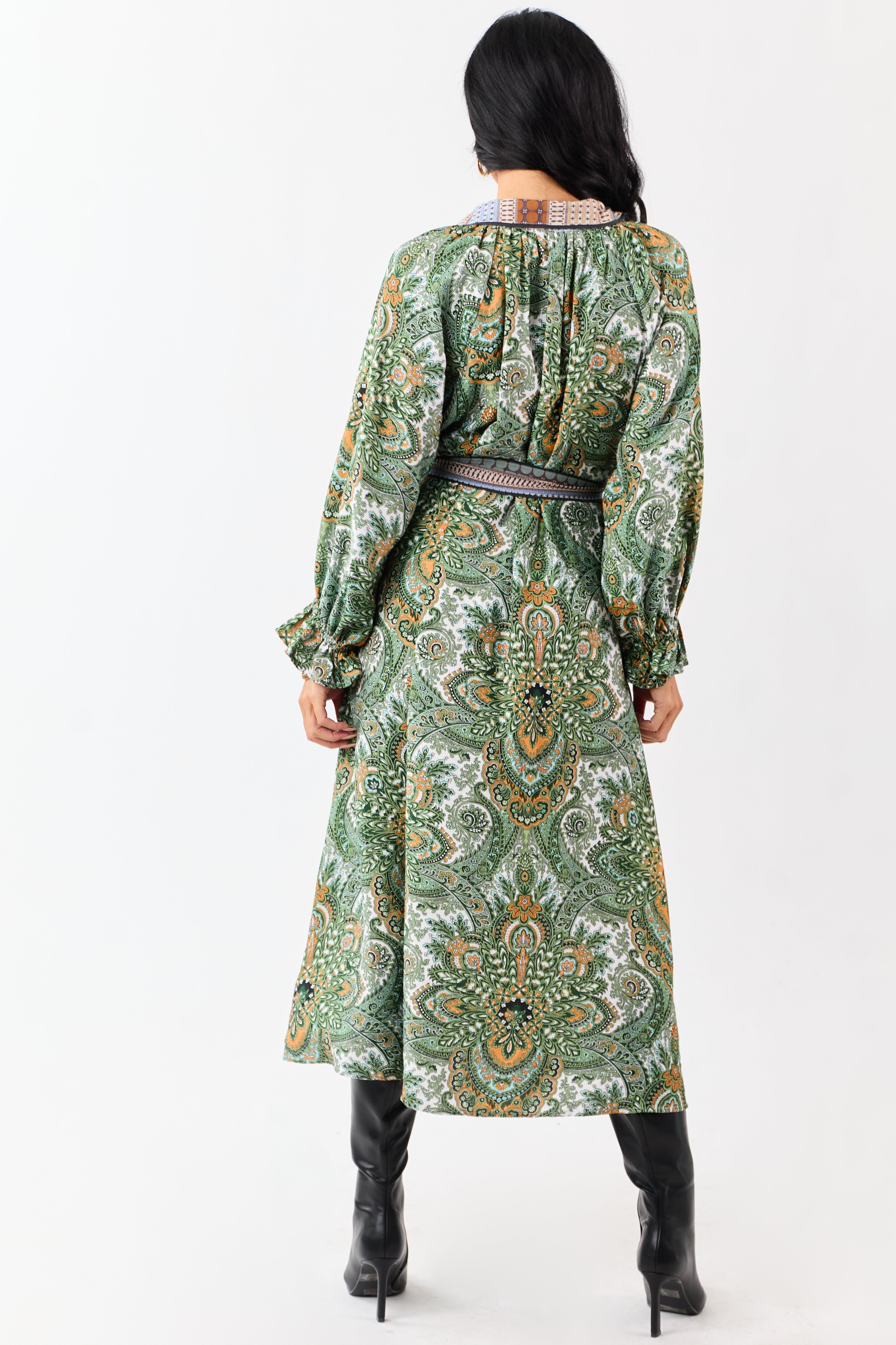 green paisley dress Hunter Green Boho Paisley Button Down Midi Dress