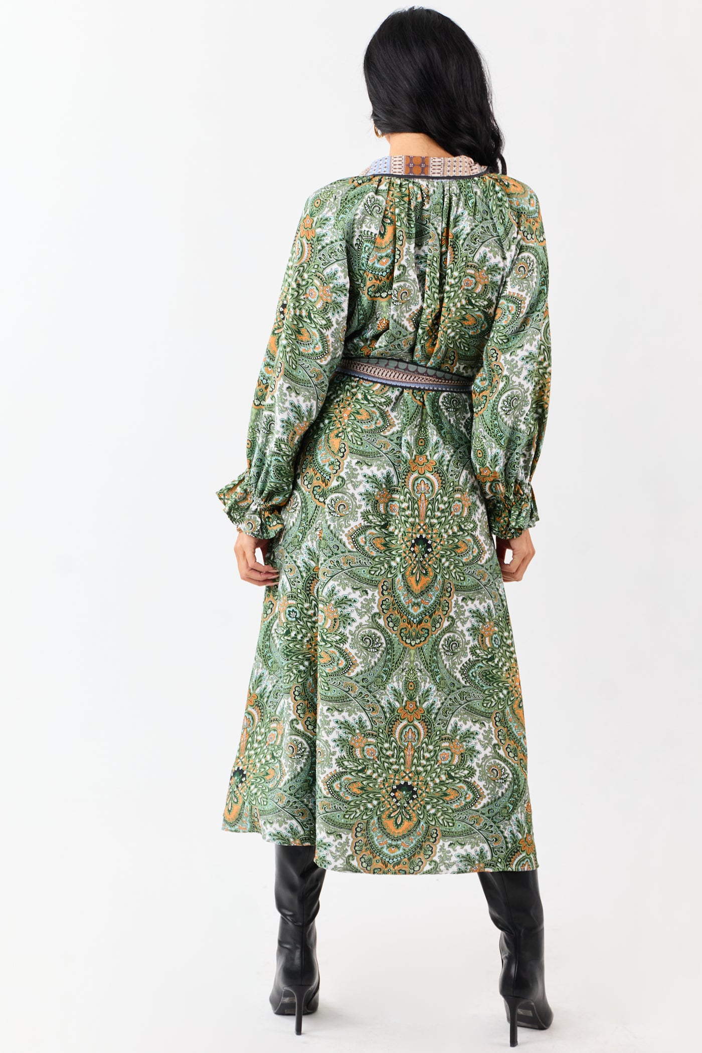 Hunter Green Boho Paisley Button Down Midi Dress