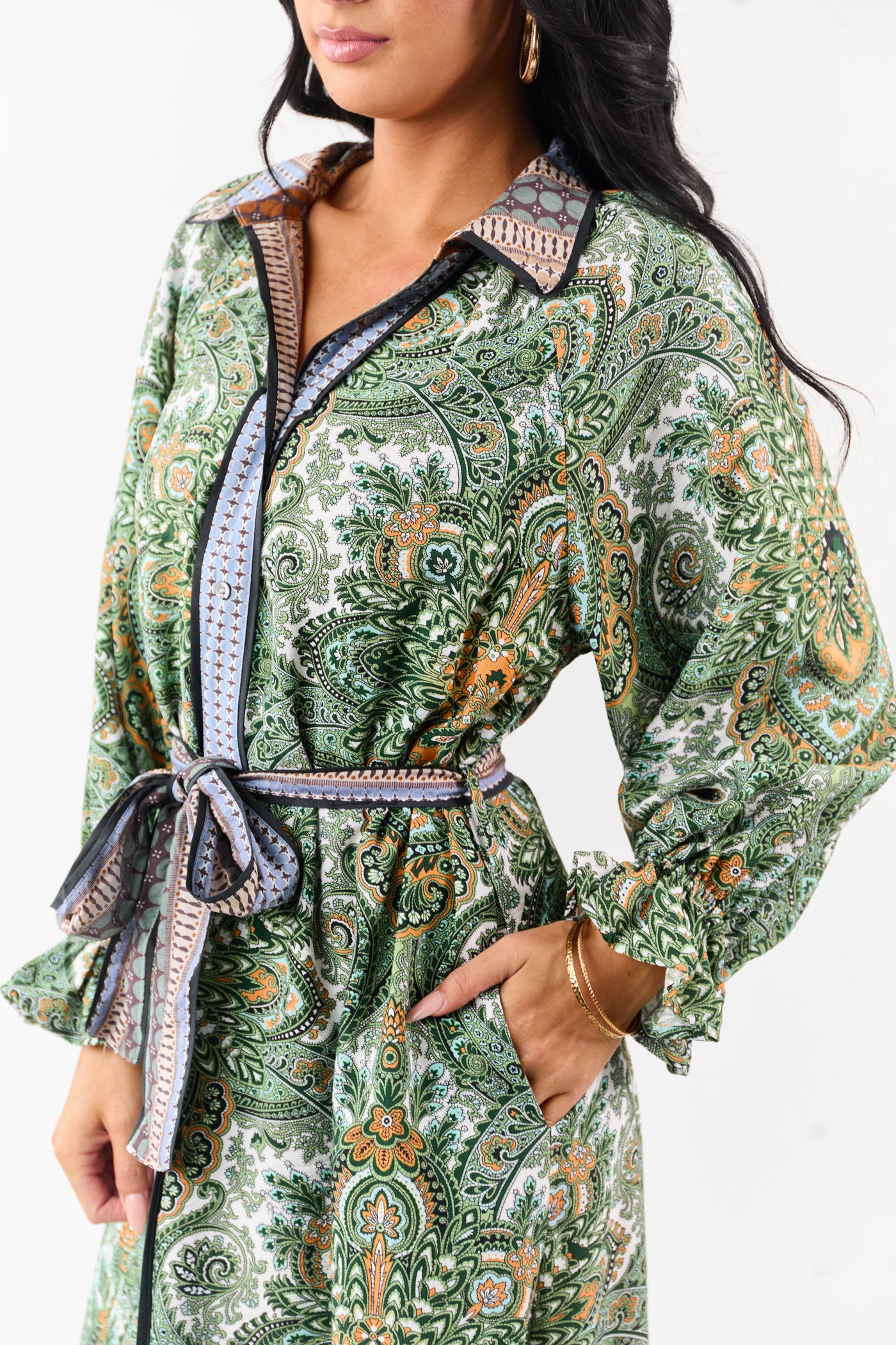 Hunter Green Boho Paisley Button Down Midi Dress