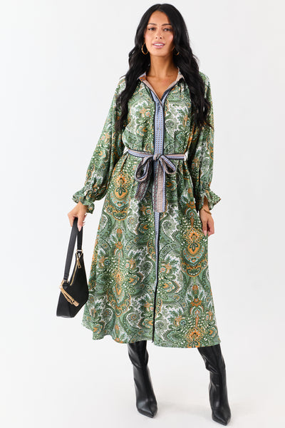 Hunter Green Boho Paisley Button Down Midi Dress