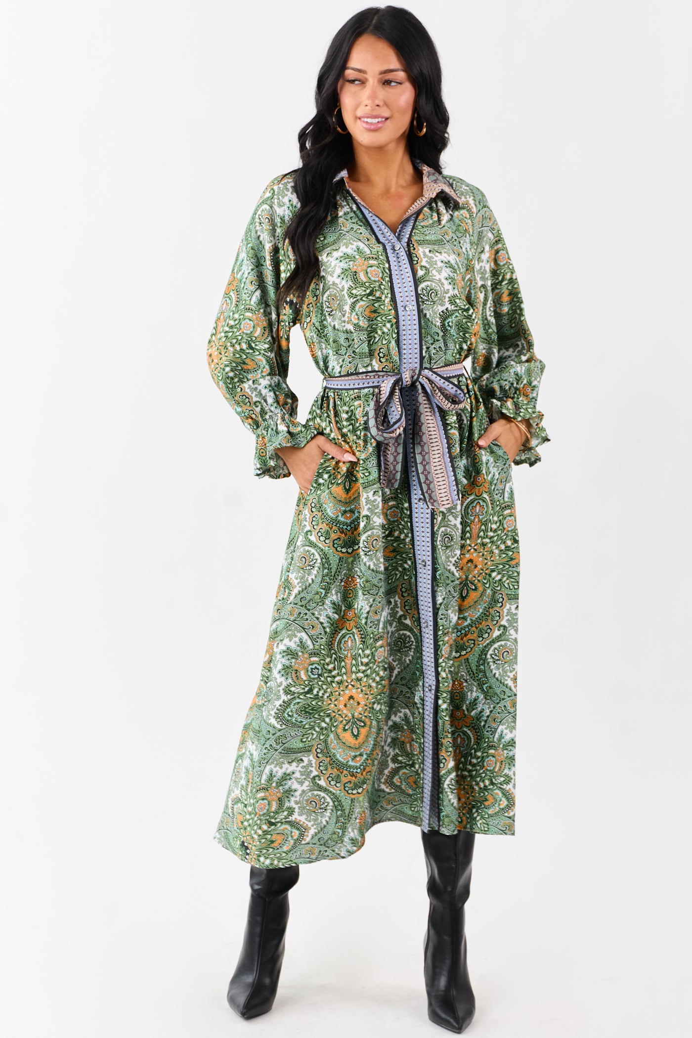 Hunter Green Boho Paisley Button Down Midi Dress