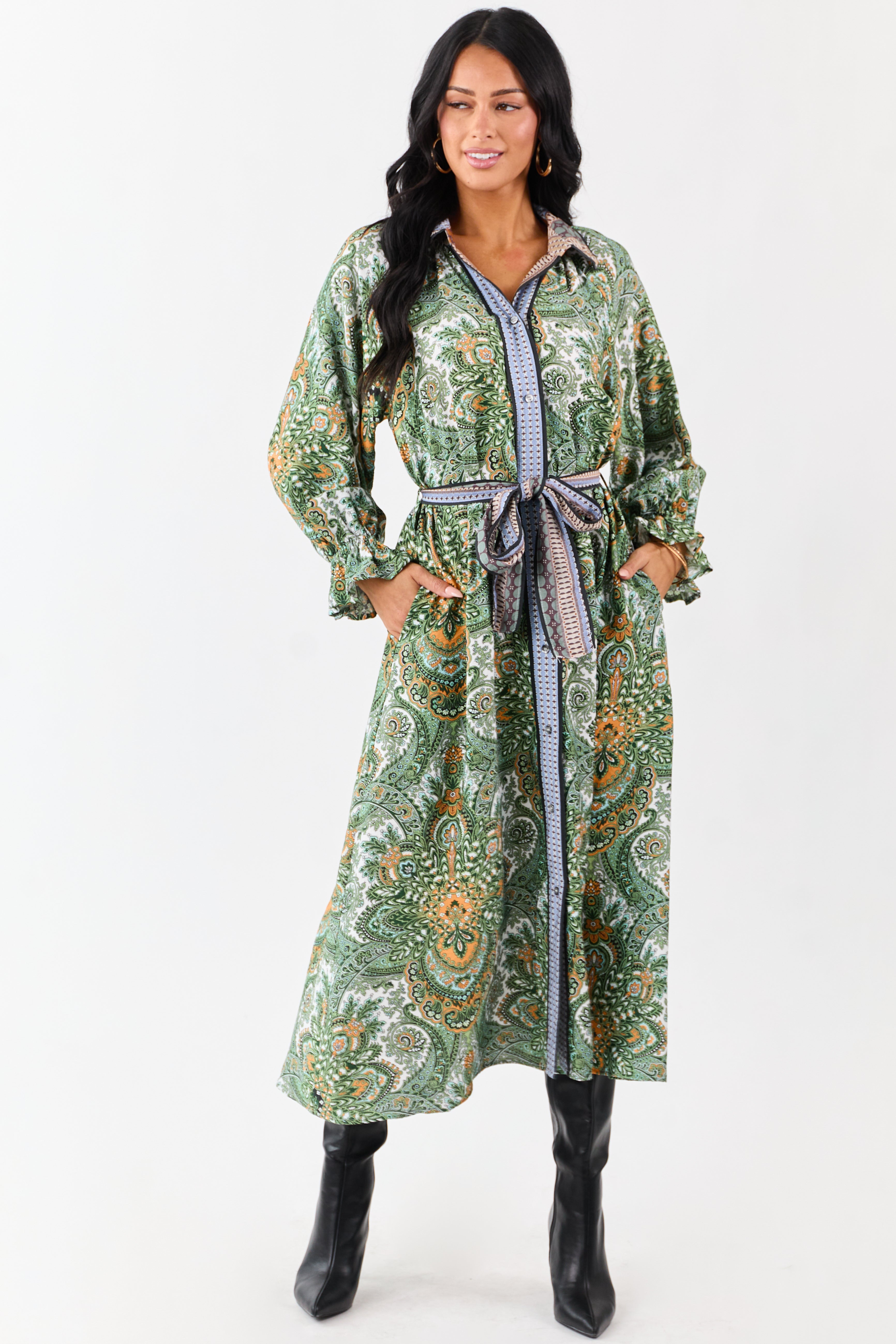 Hunter Green Boho Paisley Button Down Midi Dress
