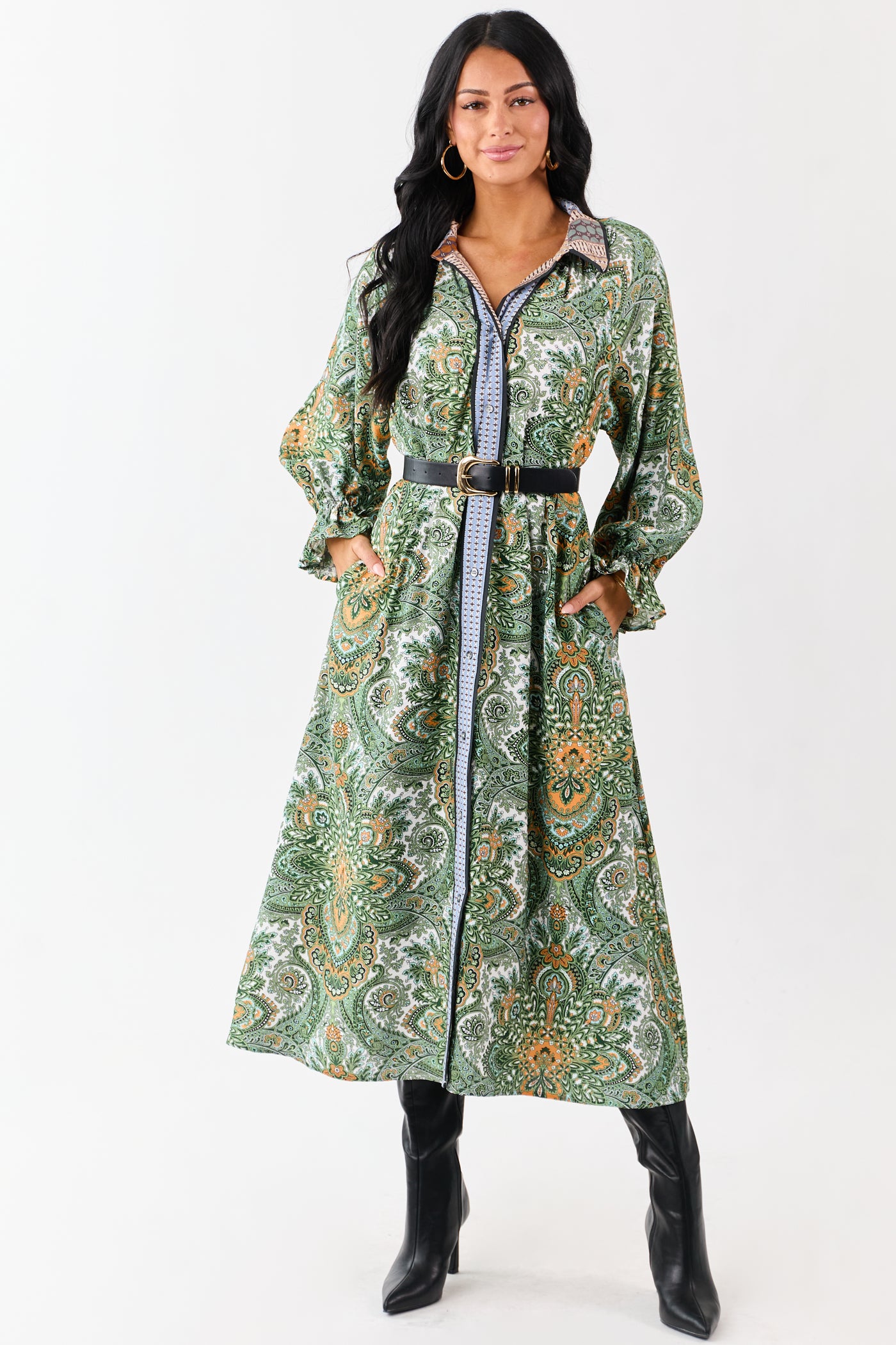 Hunter Green Boho Paisley Button Down Midi Dress