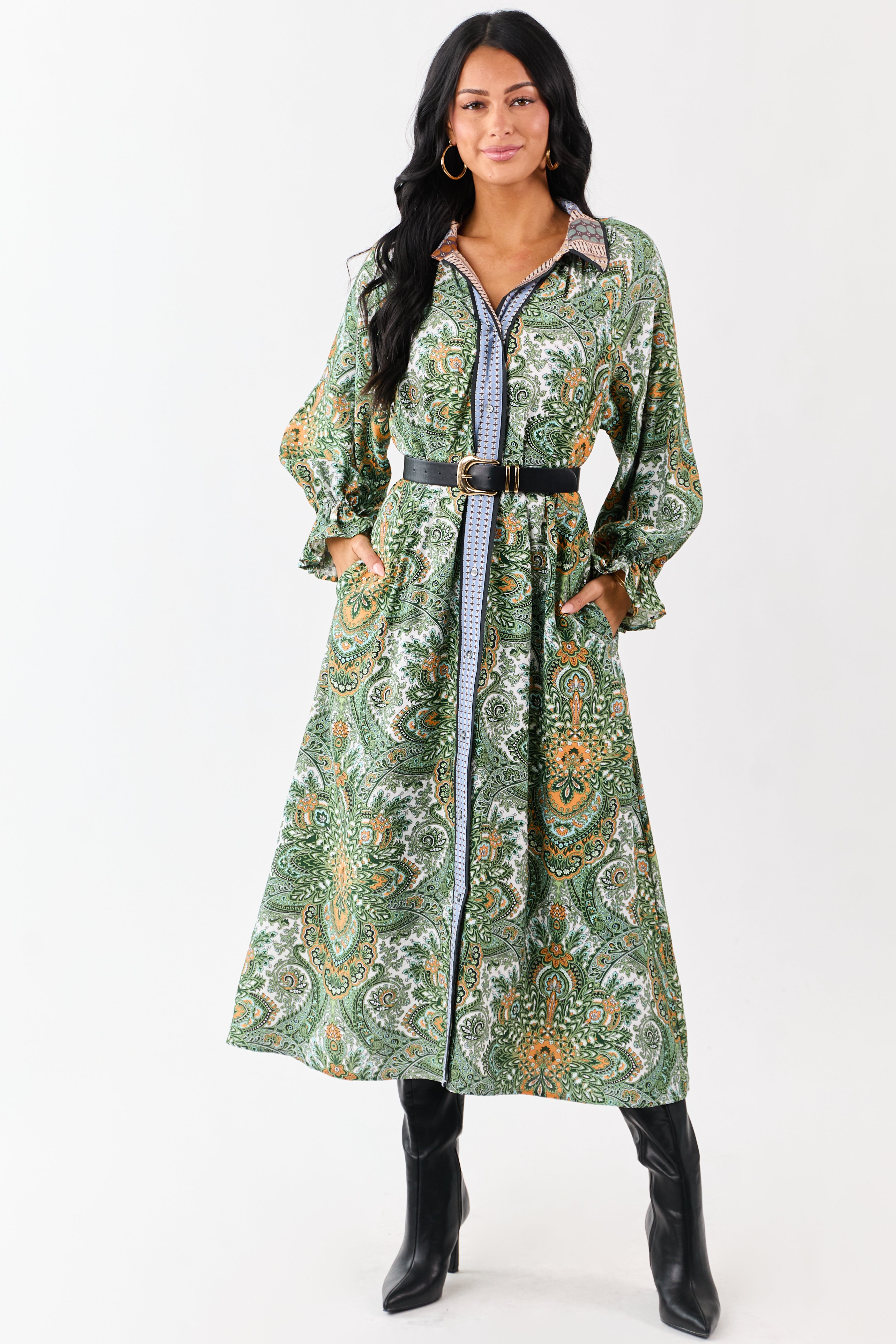 Hunter Green Boho Paisley Button Down Midi Dress