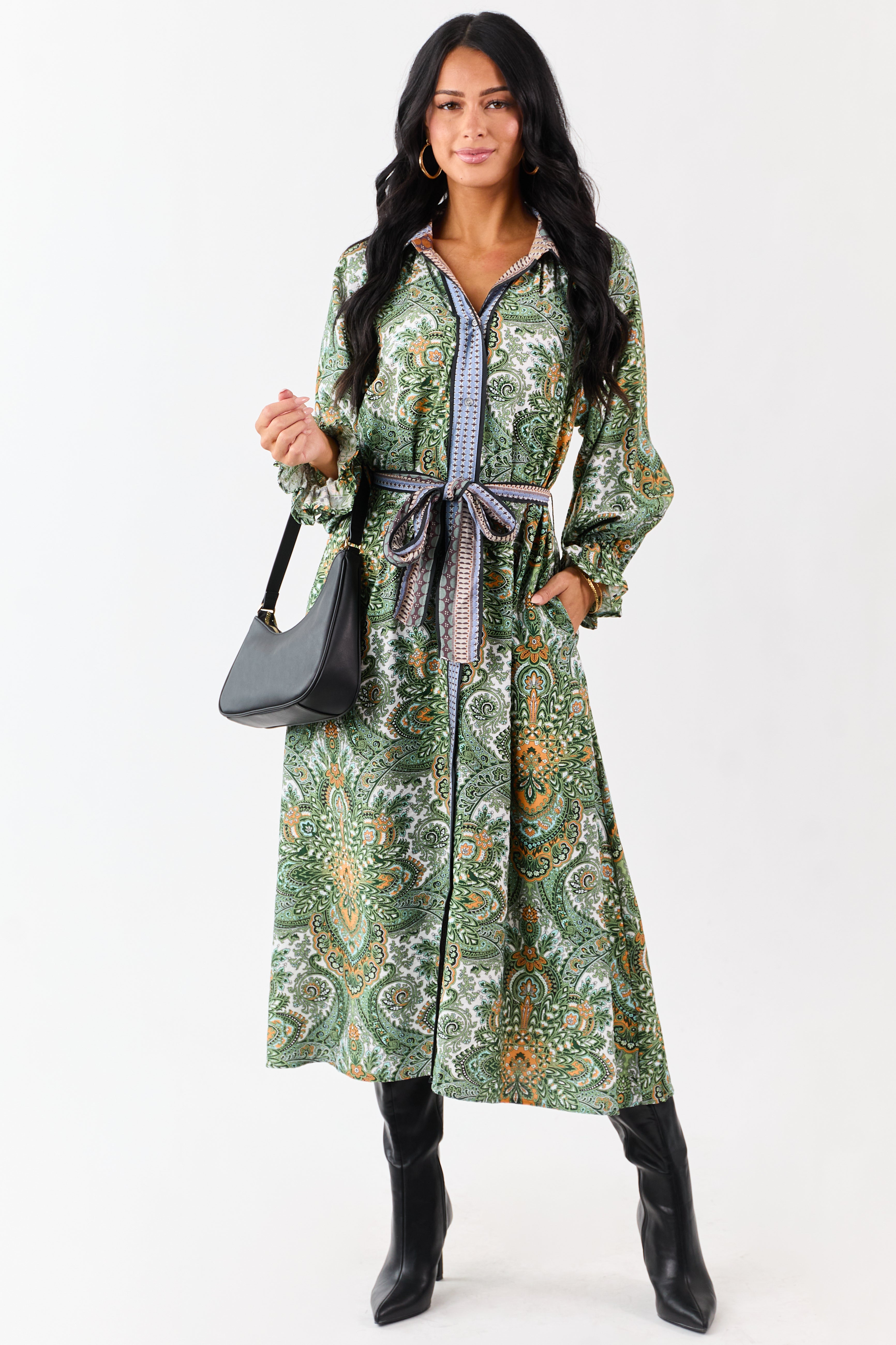 Hunter Green Boho Paisley Button Down Midi Dress