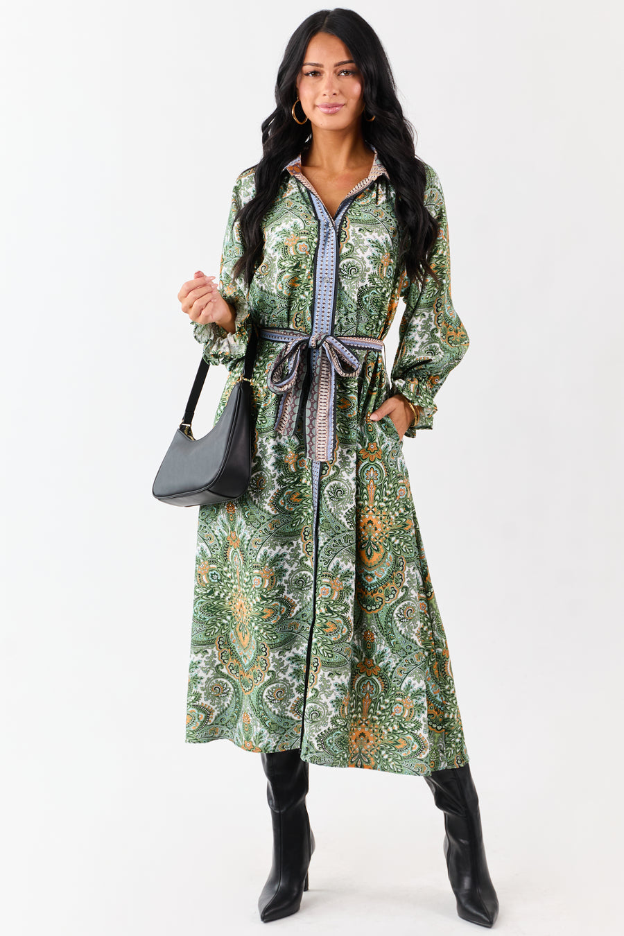Hunter Green Boho Paisley Button Down Midi Dress