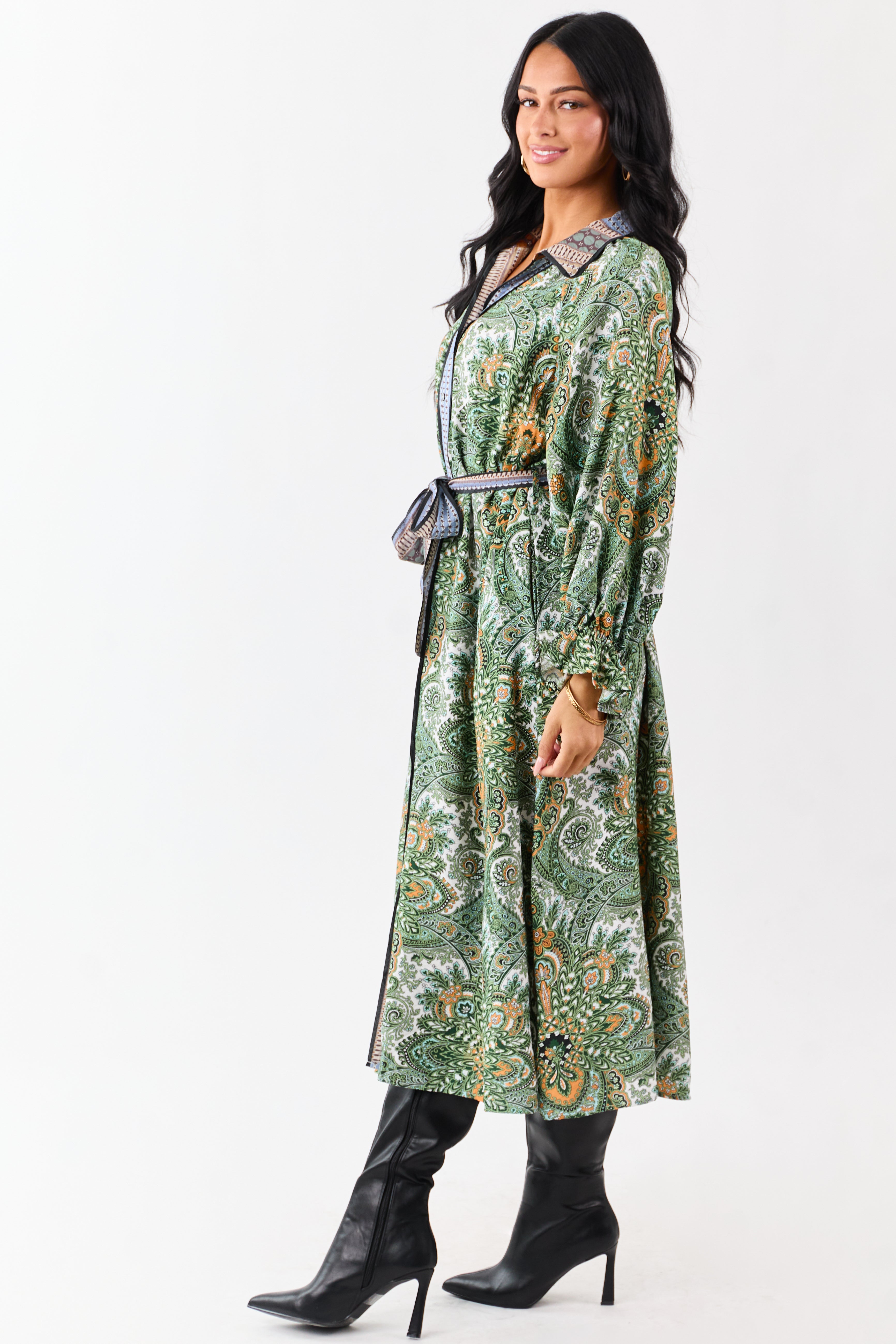Hunter Green Boho Paisley Button Down Midi Dress