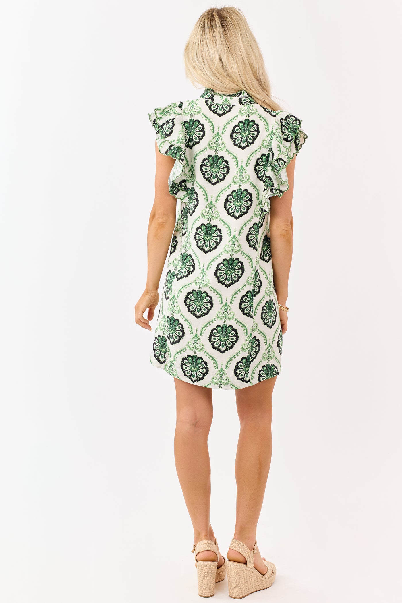Hunter Green Damask Floral V-Neck Mini Dress