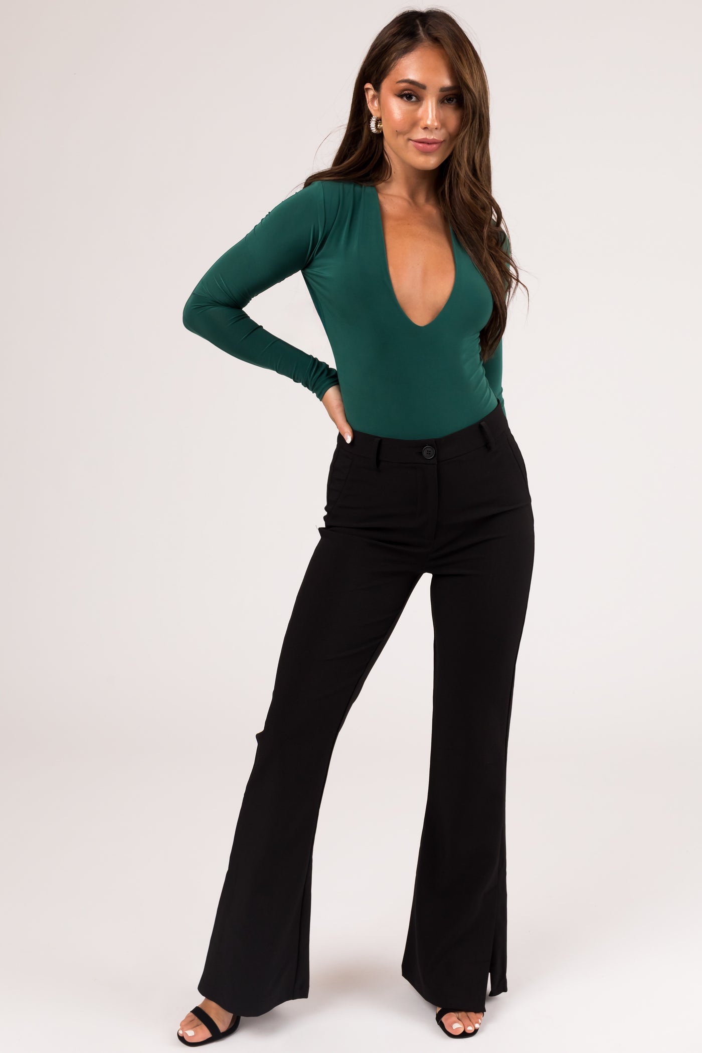 Hunter Green Deep V Bodysuit with Snap Buttons | Lime Lush