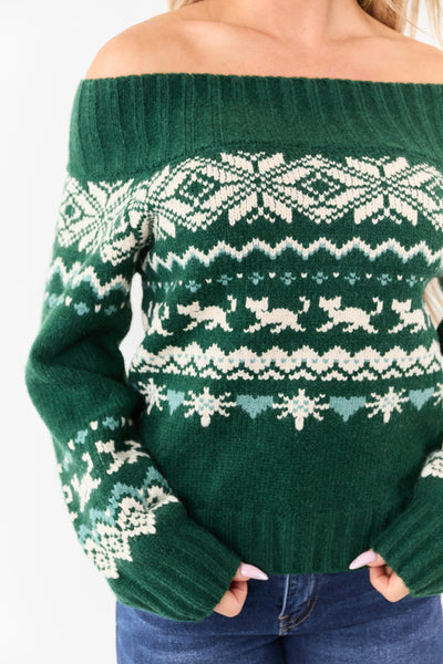 Hunter Green Fair Isle Pattern Off Shoulder Knit Sweater