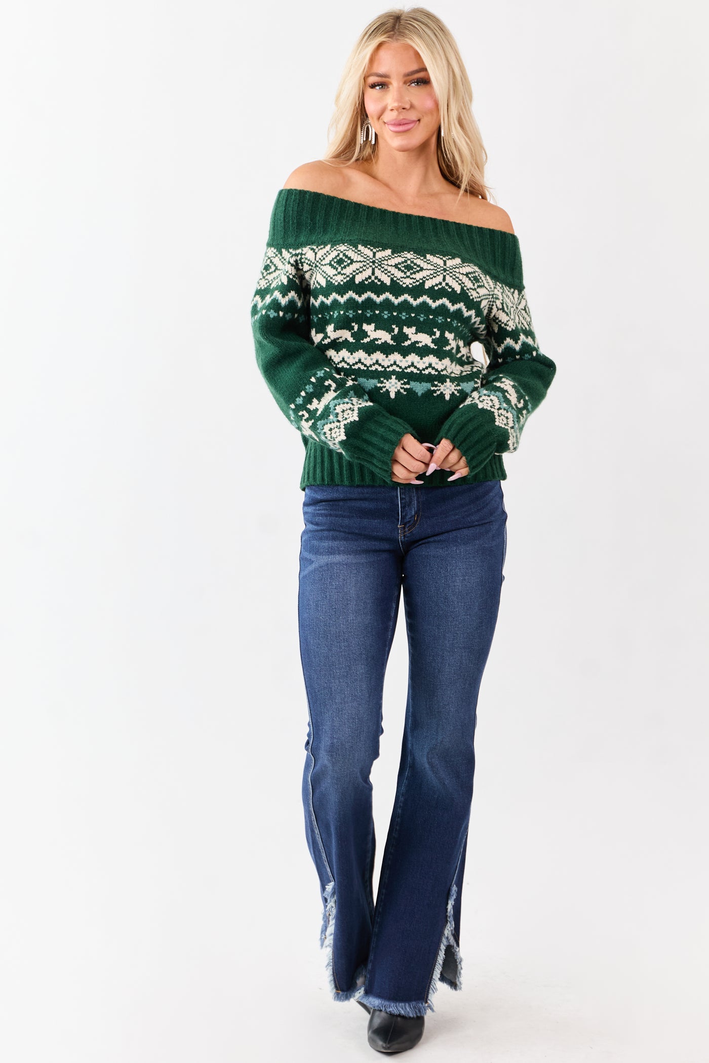 Hunter Green Fair Isle Pattern Off Shoulder Knit Sweater