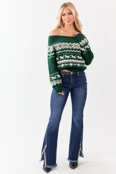 Hunter Green Fair Isle Pattern Off Shoulder Knit Sweater