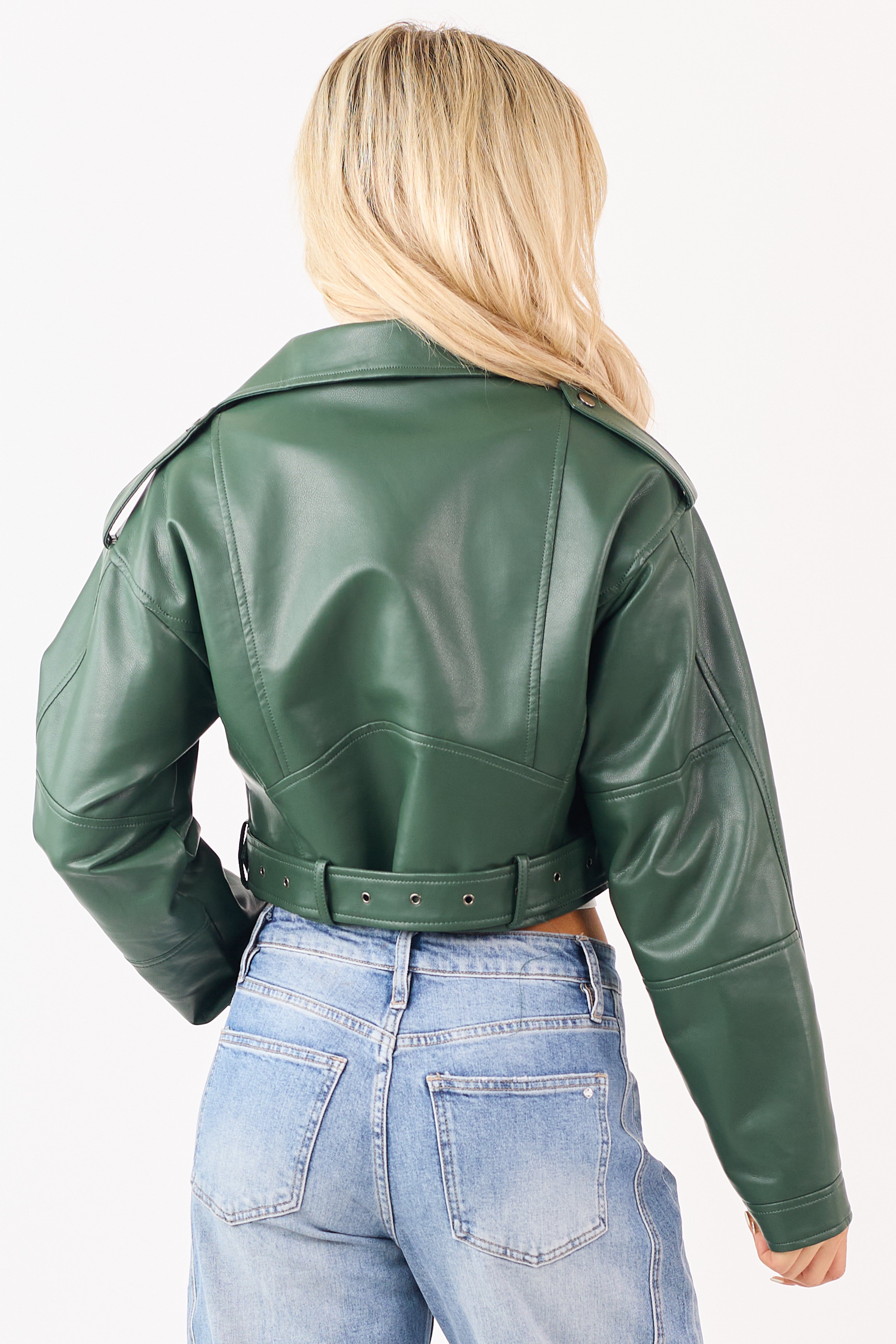 Hunter Green Faux Leather Zip Up Cropped Jacket