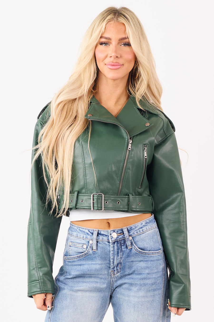 Hunter Green Faux Leather Zip Up Cropped Jacket