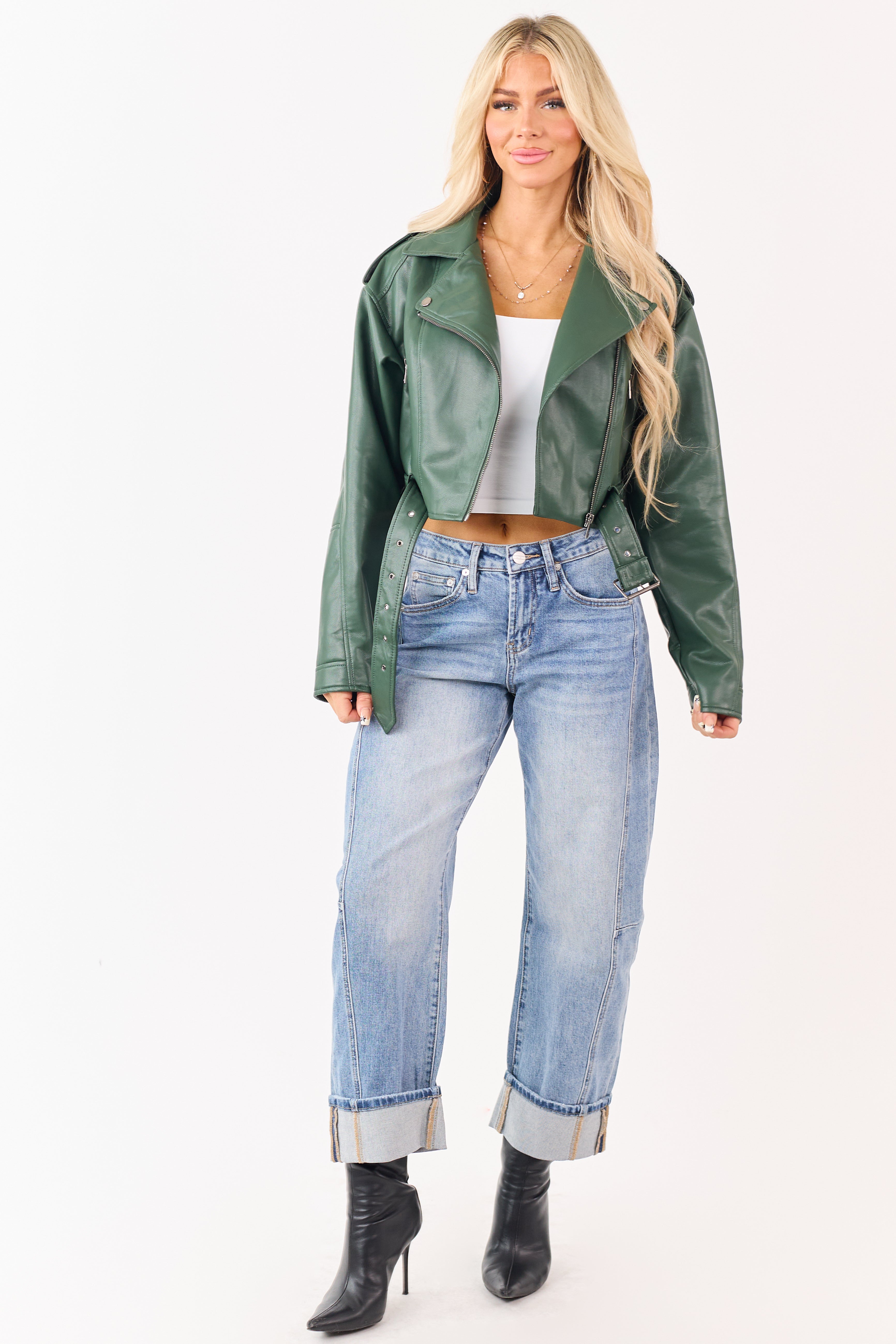 Hunter Green Faux Leather Zip Up Cropped Jacket | Lime Lush Boutique