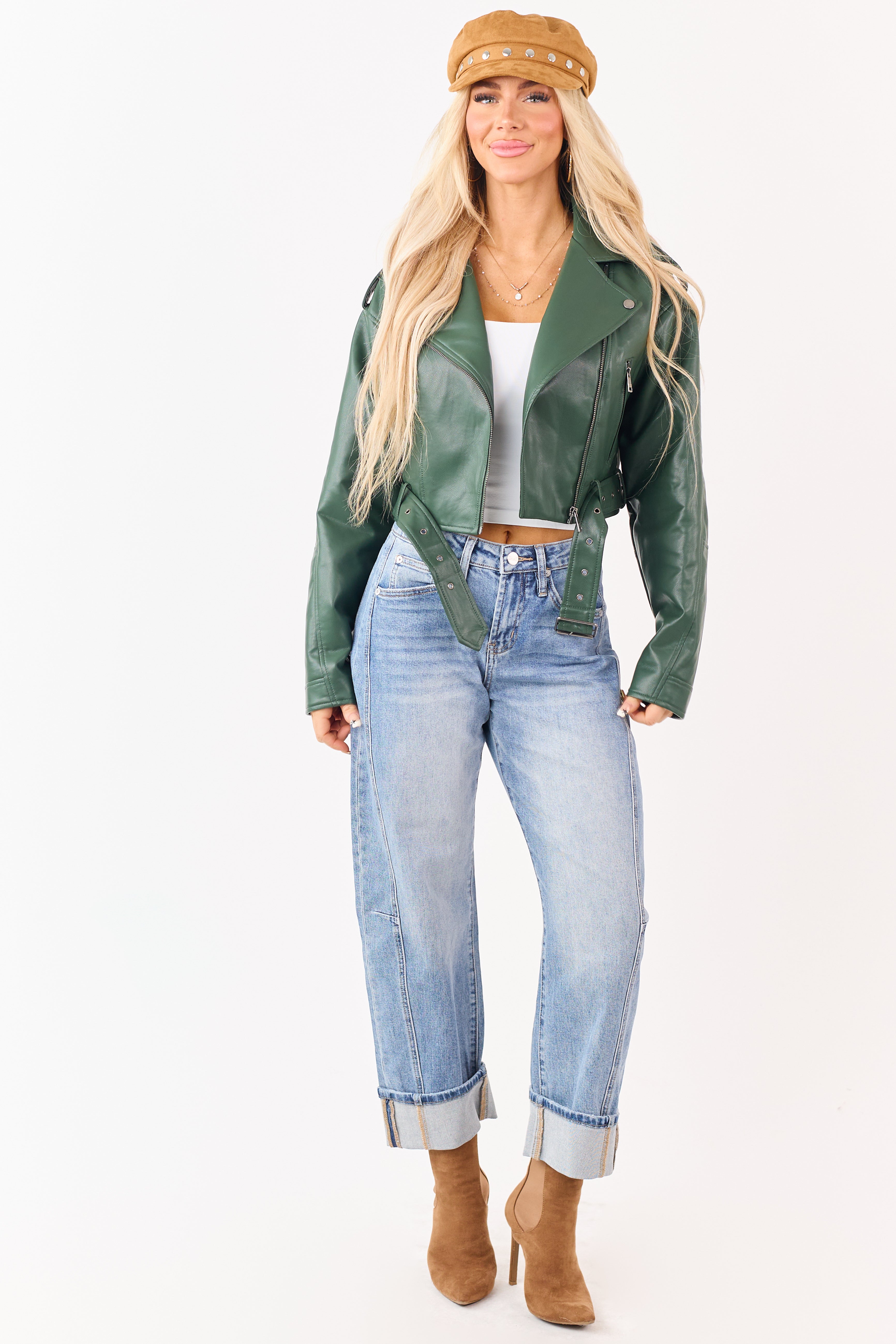 Hunter Green Faux Leather Zip Up Cropped Jacket