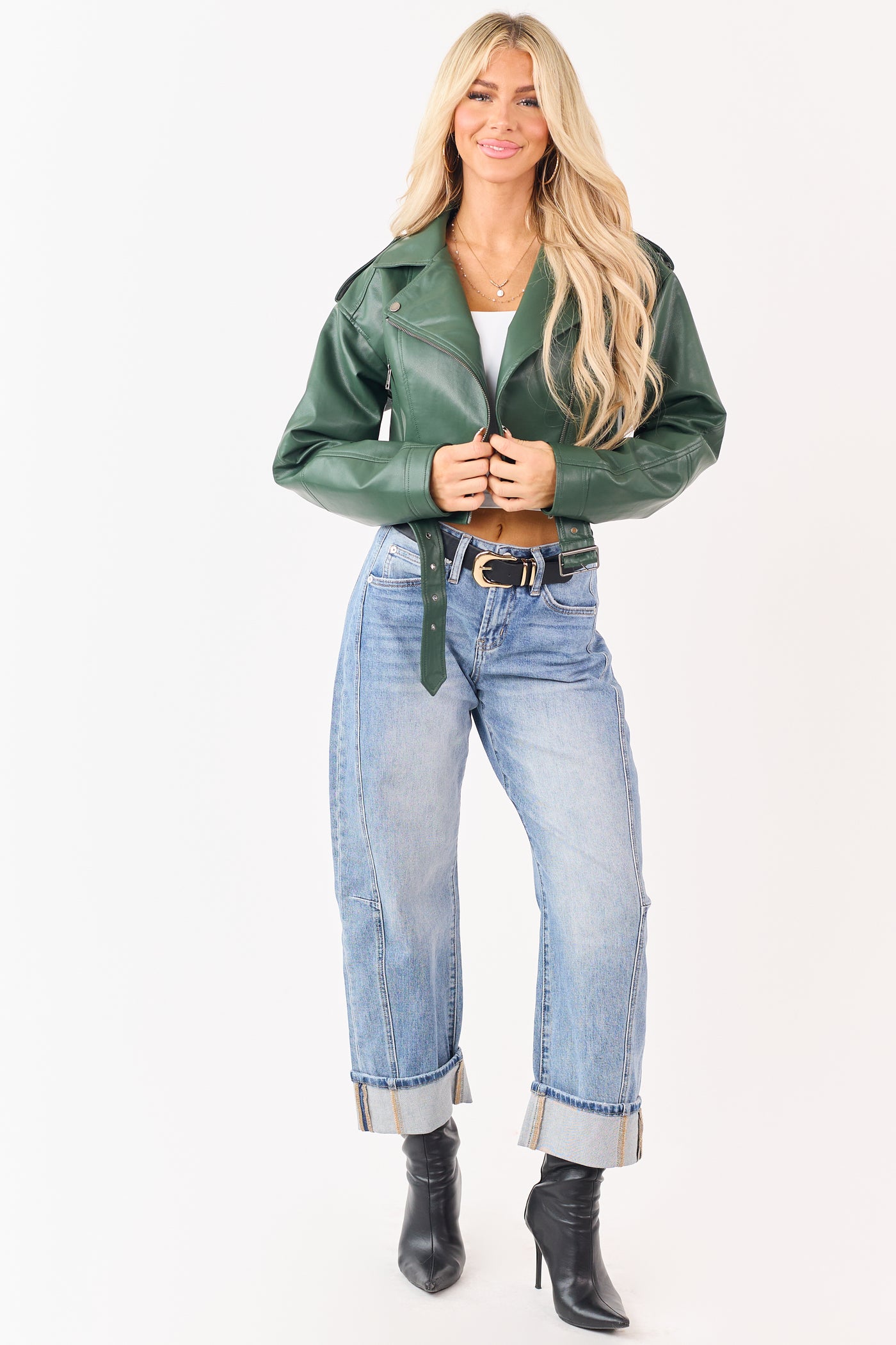 Hunter Green Faux Leather Zip Up Cropped Jacket