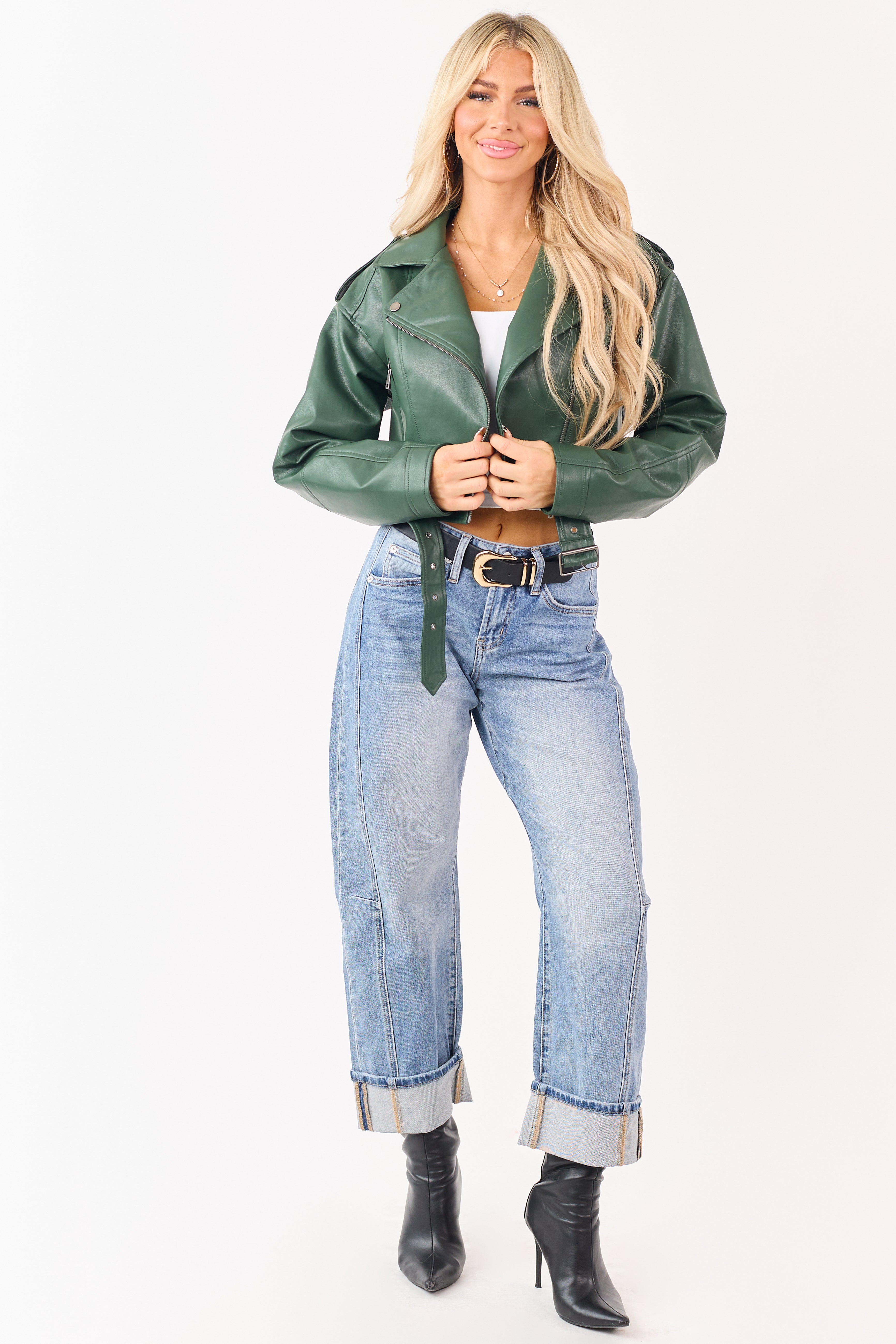 Hunter Green Faux Leather Zip Up Cropped Jacket