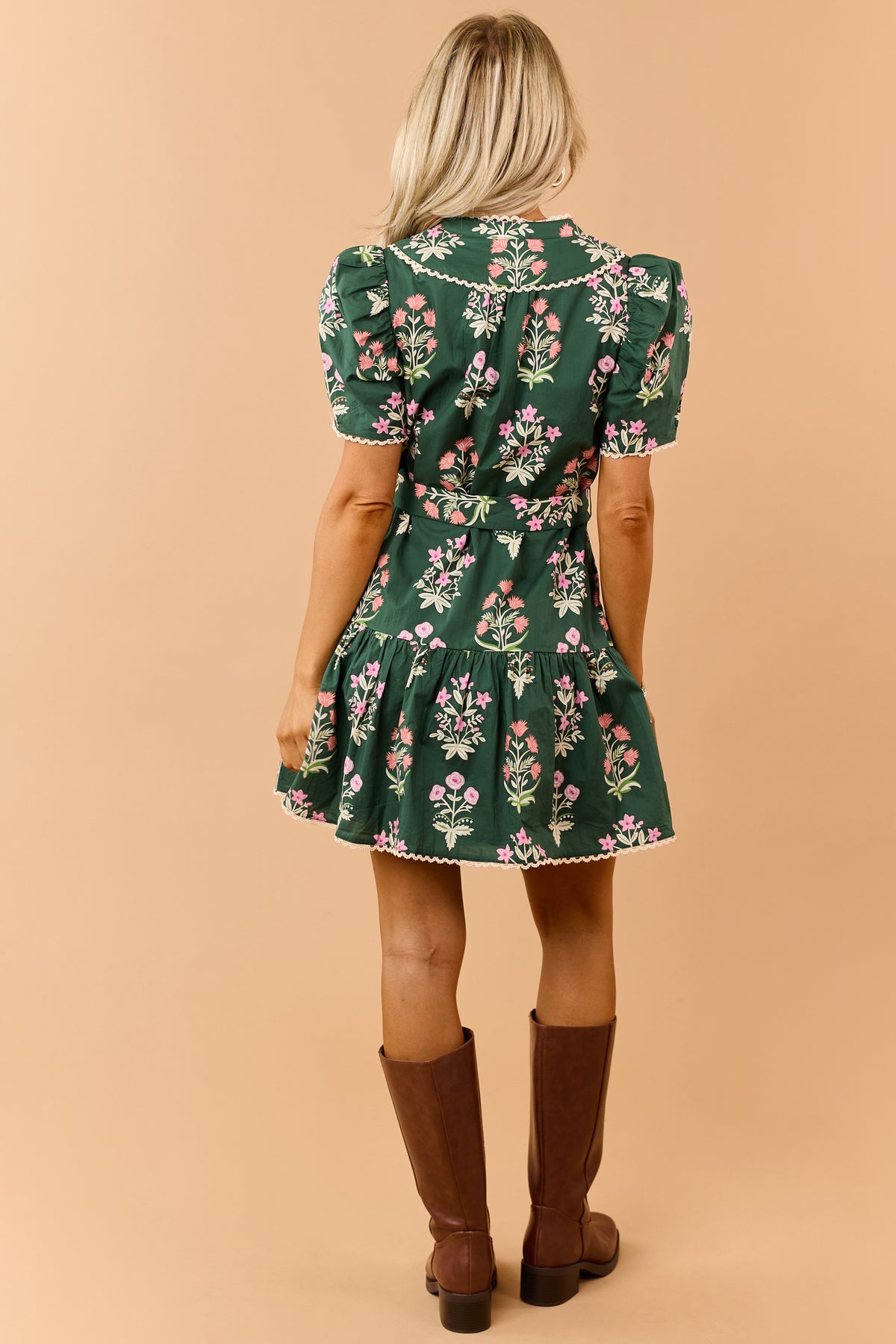 Hunter Green Floral Cotton Puff Sleeve Mini Dress