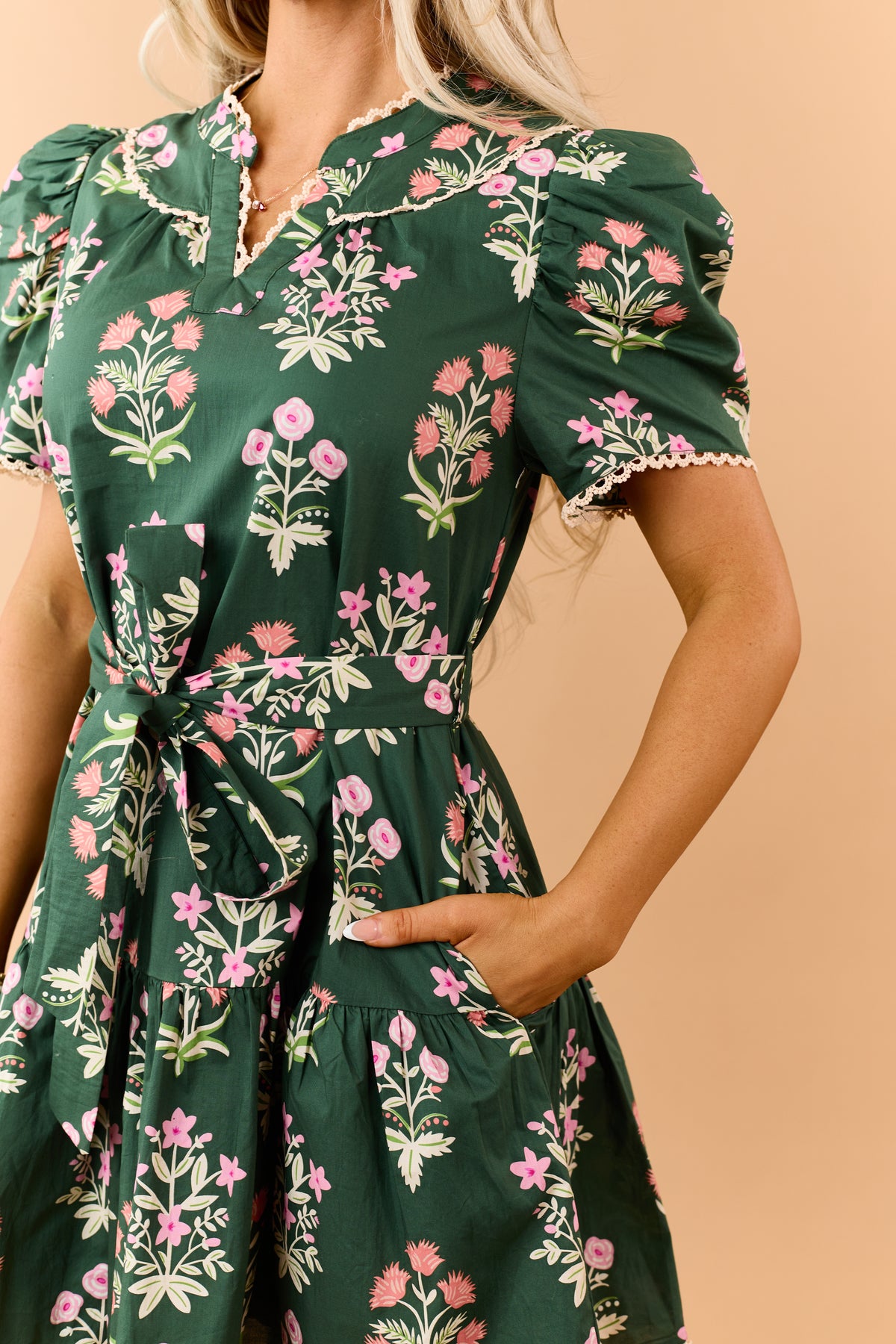 Hunter Green Floral Cotton Puff Sleeve Mini Dress