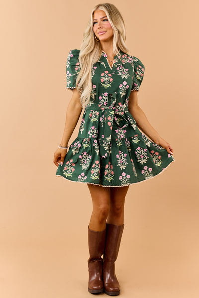 Hunter Green Floral Cotton Puff Sleeve Mini Dress