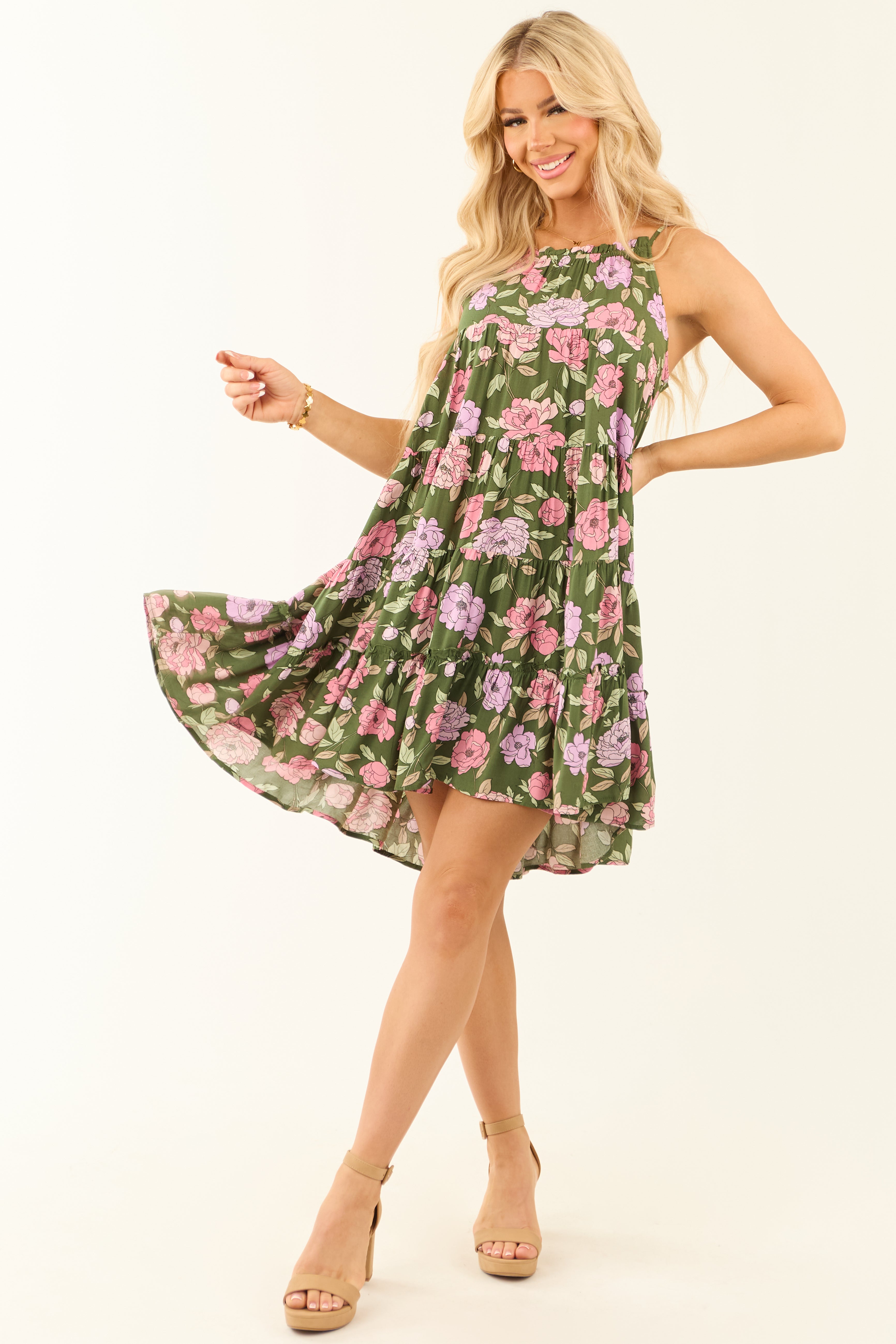 Hunter Green Floral Print Halter Short Dress Hunter Green Floral Print Halter Short Dress