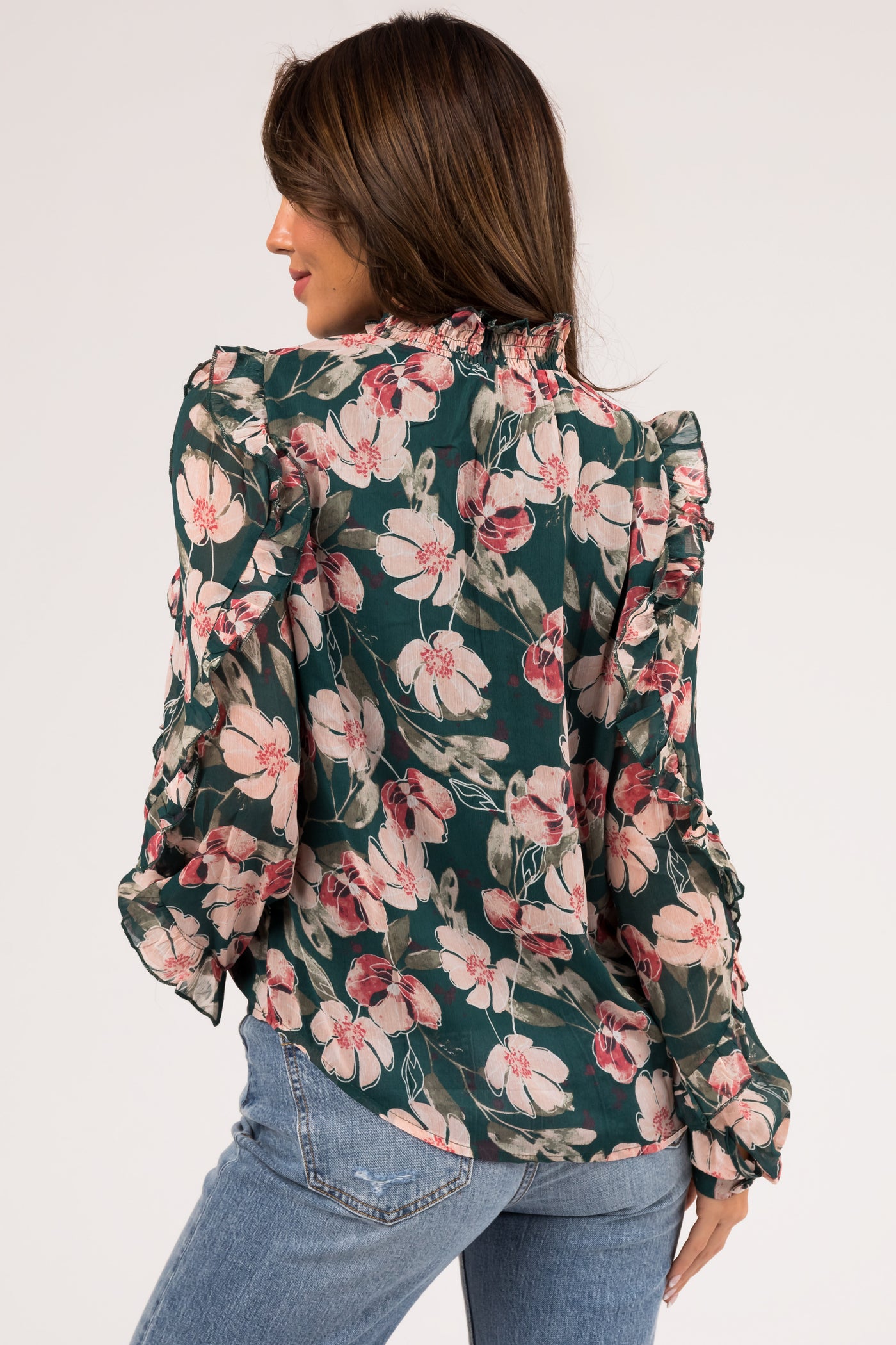 Hunter Green Floral Print Long Sleeve Blouse