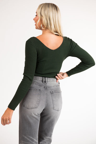 Hunter Green Long Sleeve Ribbed Knit Bodysuit