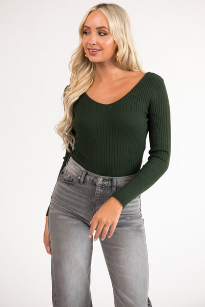 Hunter Green Long Sleeve Ribbed Knit Bodysuit