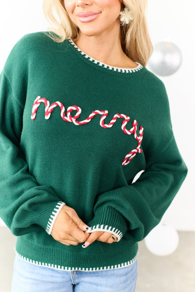 Hunter Green 'Merry' Graphic Contrast Trim Sweater