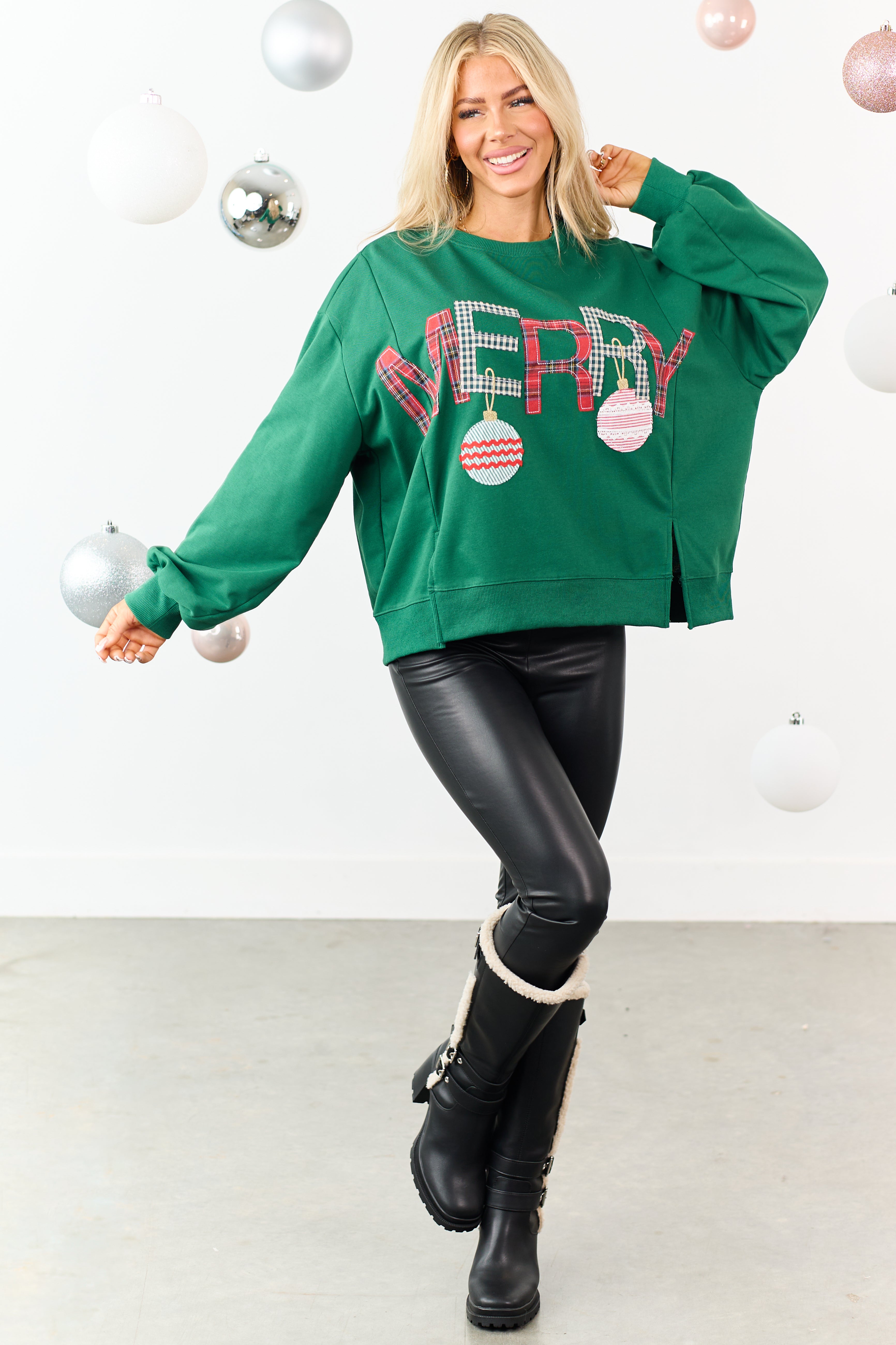 Hunter Green 'Merry' Patchwork Knit Sweatshirt
