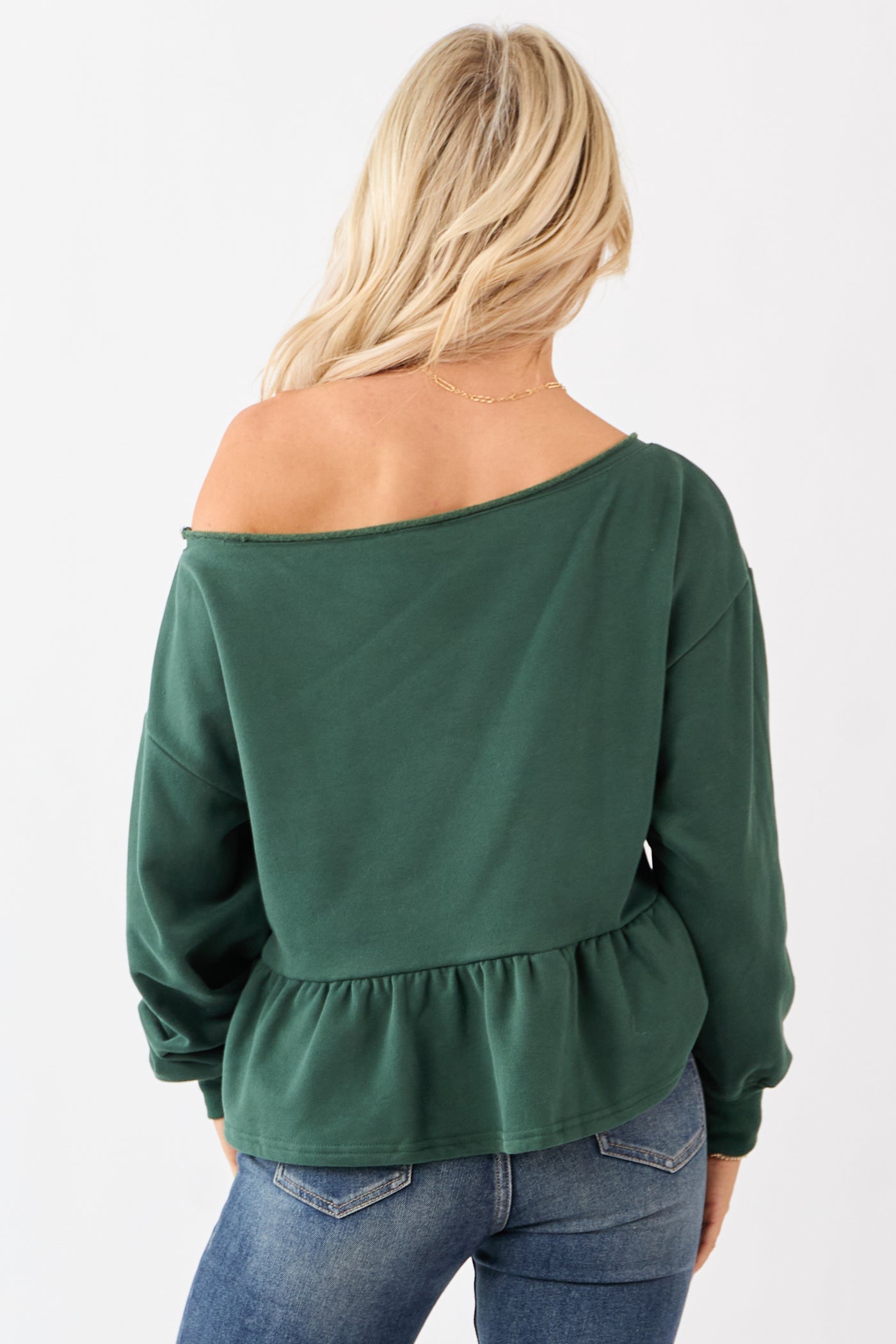 Hunter Green One Shoulder Peplum Relaxed Sweatshirt Top