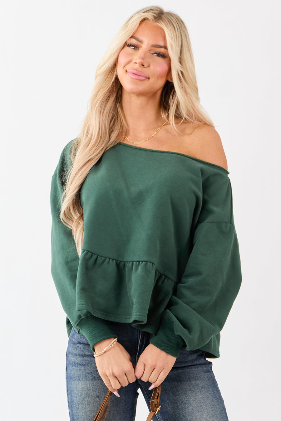 Hunter Green One Shoulder Peplum Relaxed Sweatshirt Top