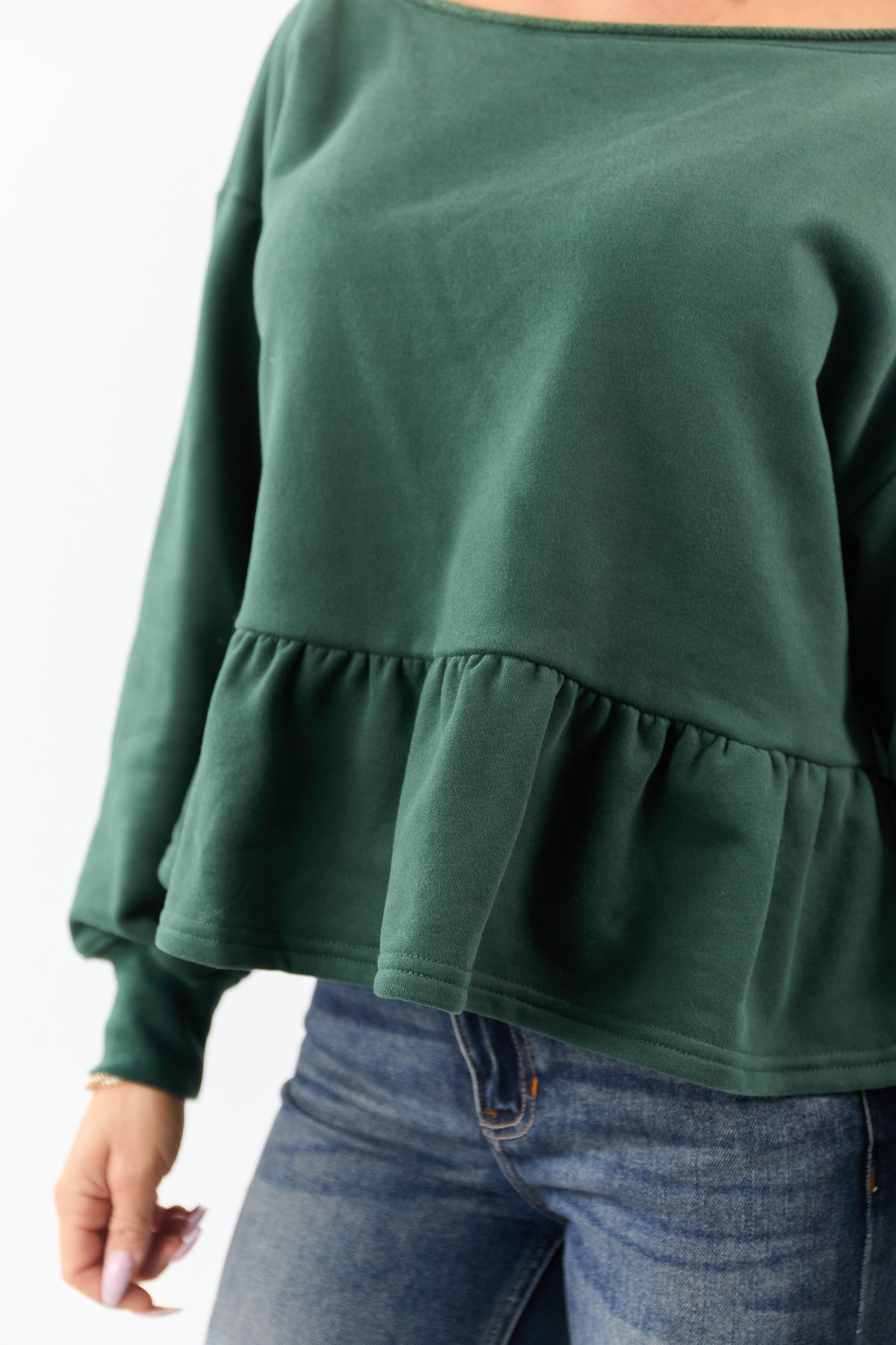 Hunter Green One Shoulder Peplum Relaxed Sweatshirt Top