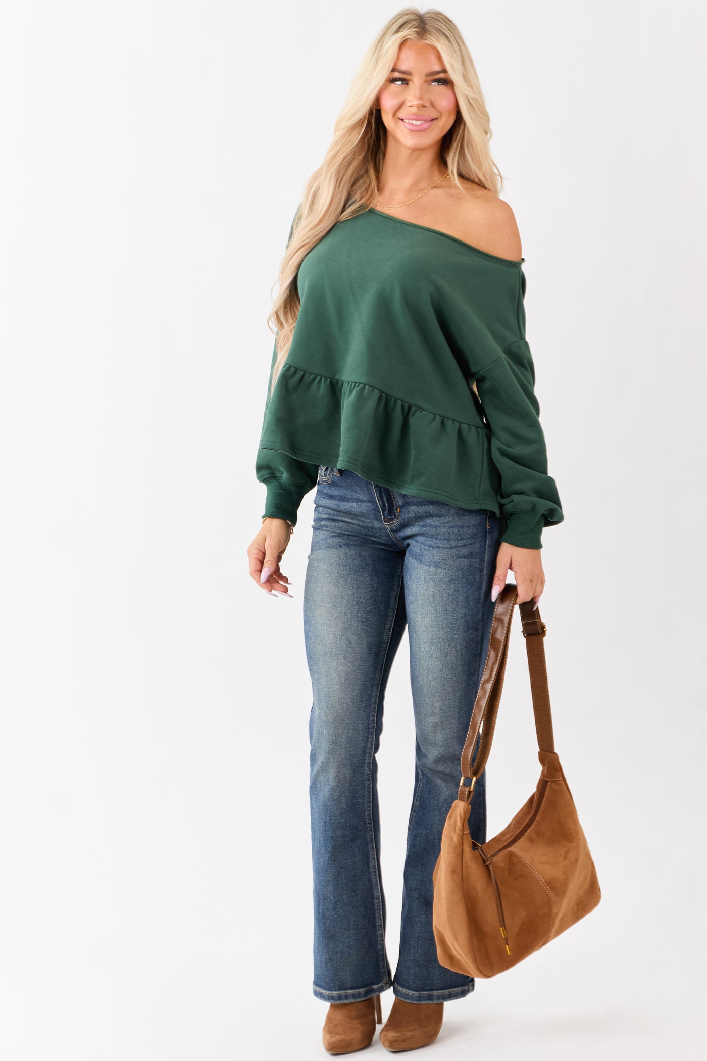 Hunter Green One Shoulder Peplum Relaxed Sweatshirt Top