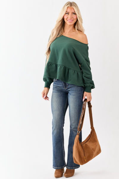 Hunter Green One Shoulder Peplum Relaxed Sweatshirt Top
