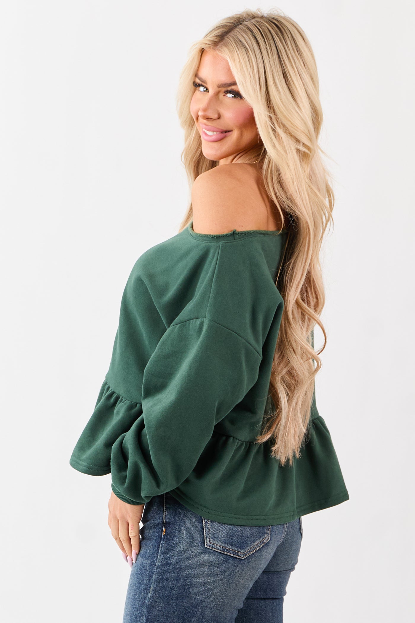 Hunter Green One Shoulder Peplum Relaxed Sweatshirt Top