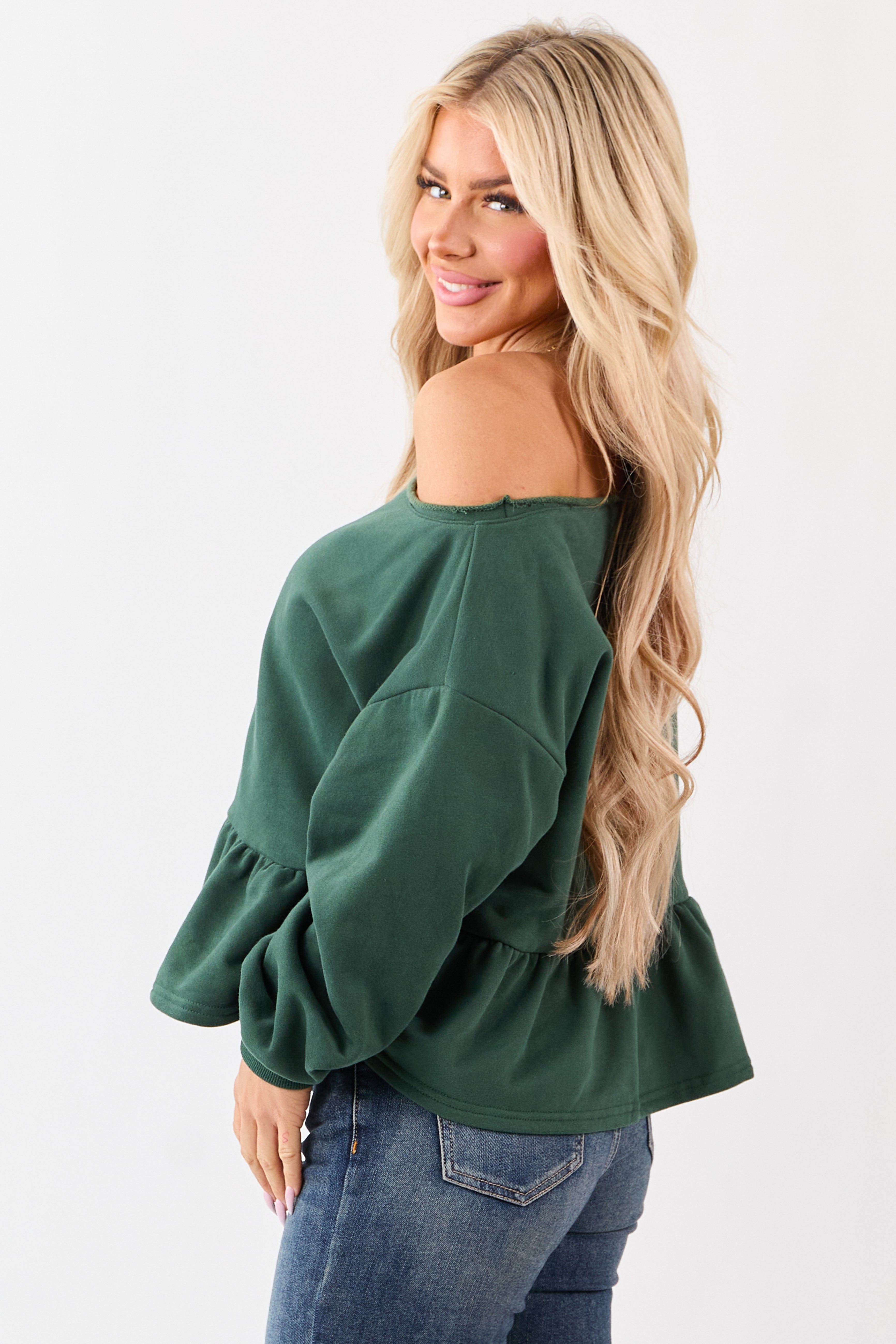 Hunter Green One Shoulder Peplum Relaxed Sweatshirt Top