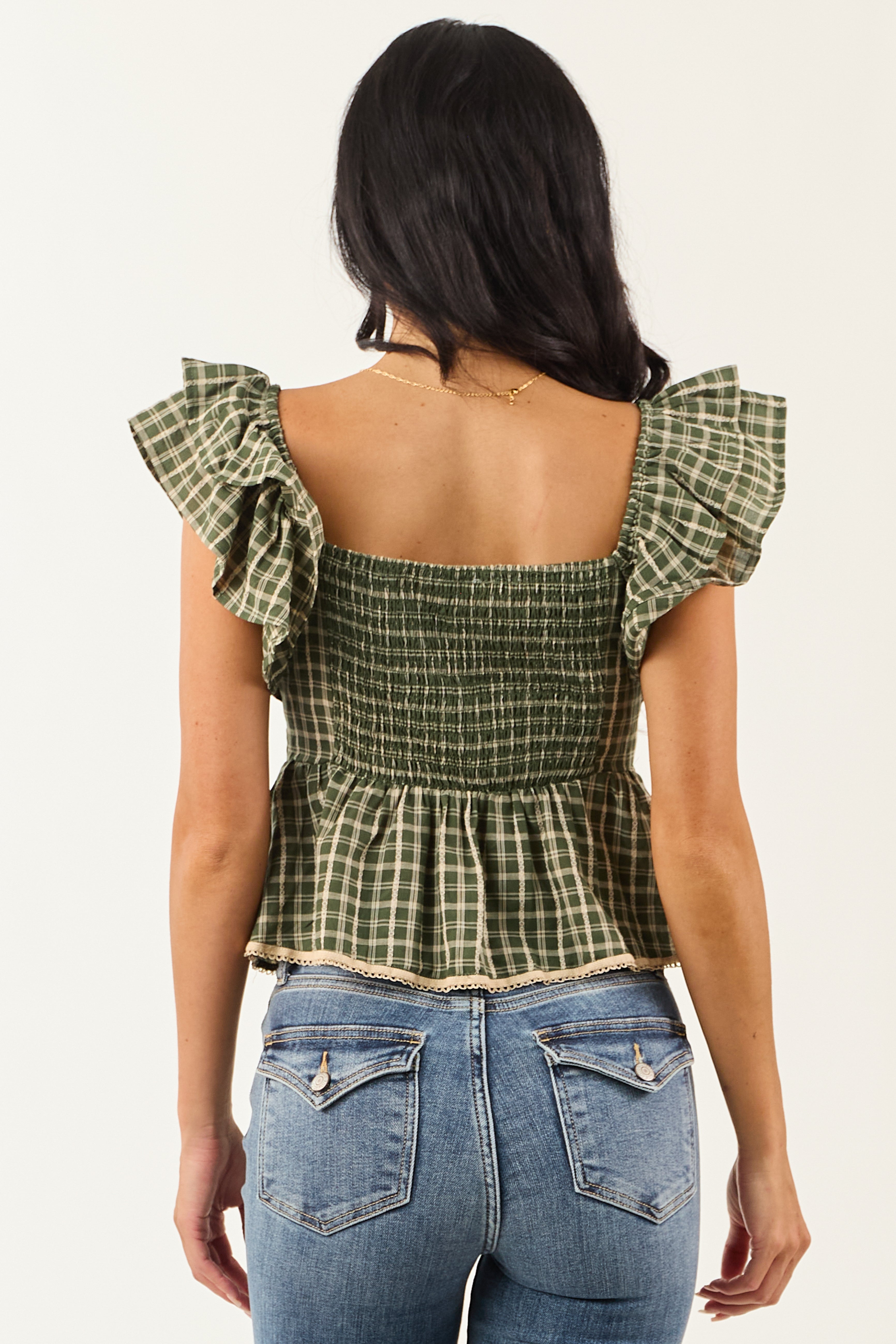Hunter Green Plaid Bow Front Babydoll Top