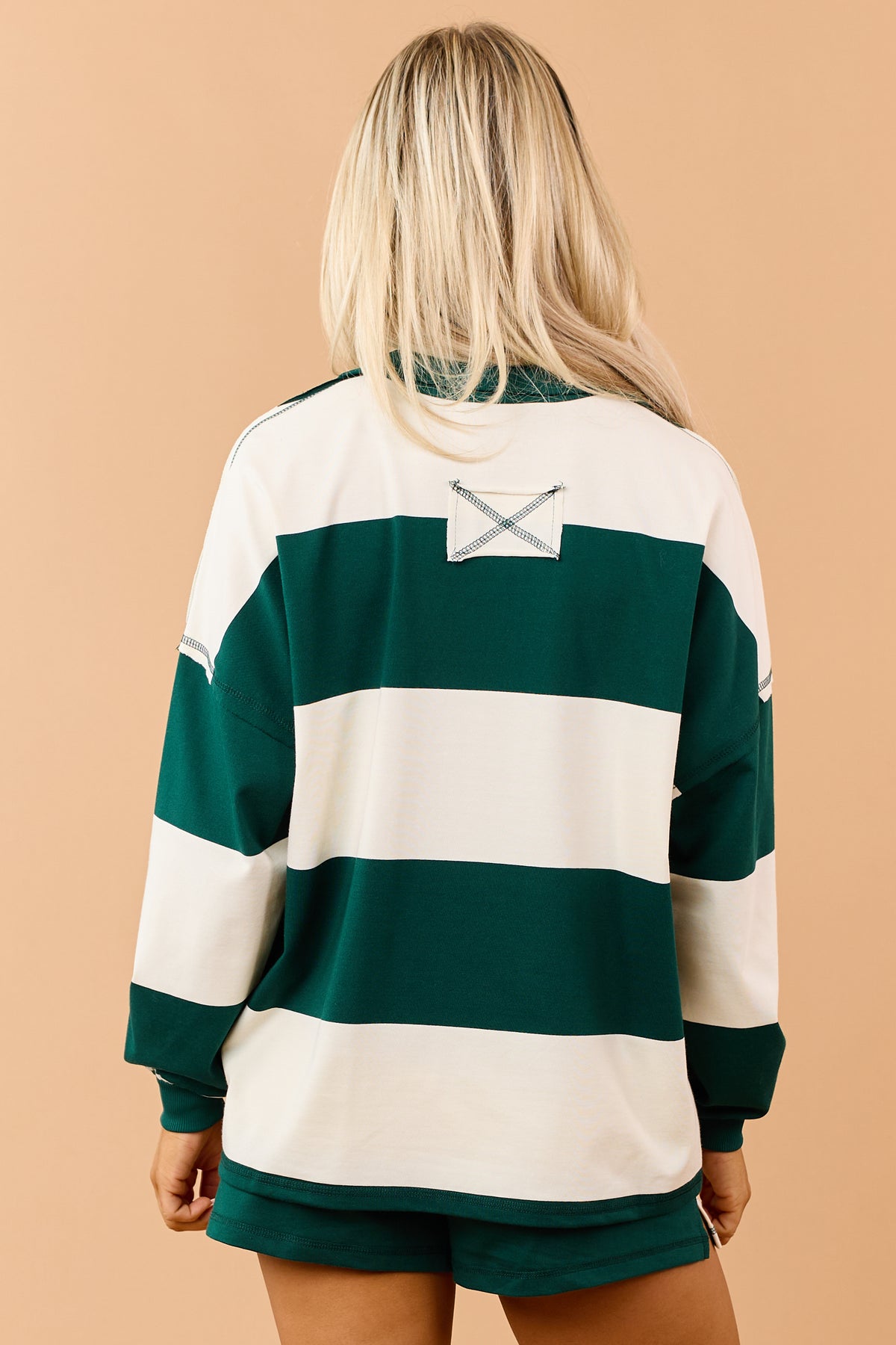 Hunter Green Rugby Striped Half Zip Relaxed Knit Top