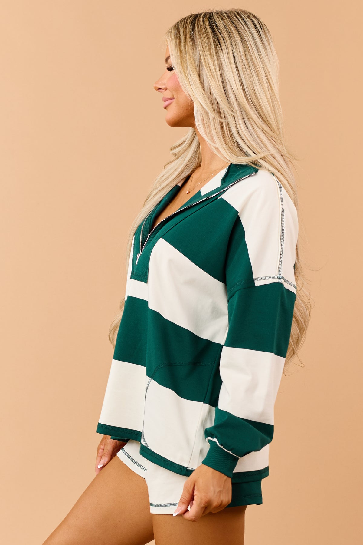 Hunter Green Rugby Striped Half Zip Relaxed Knit Top