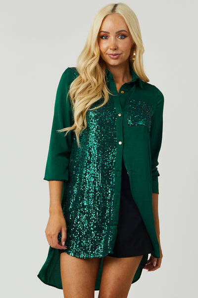 Hunter Green Sequin Button Down Tunic