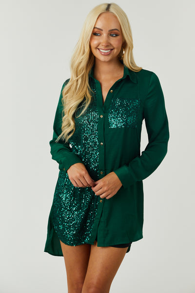 Hunter Green Sequin Button Down Tunic