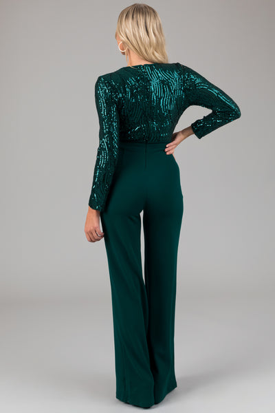 Hunter Green Sequin Long Sleeve Jumpsuit