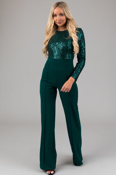 Hunter Green Sequin Long Sleeve Jumpsuit