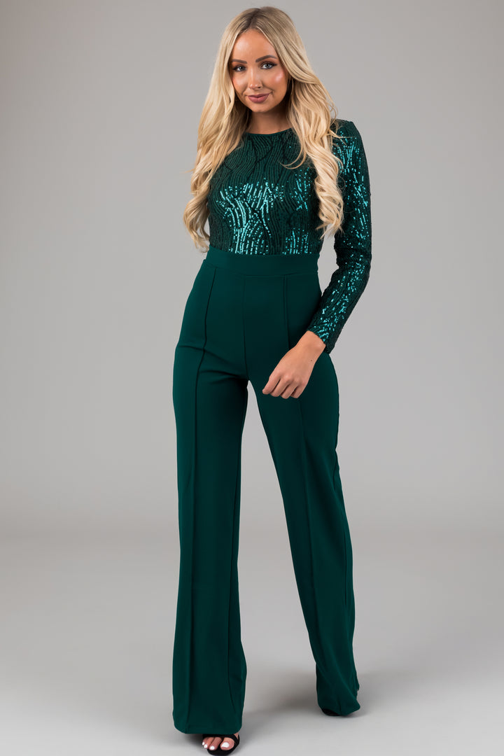 Hunter Green Sequin Long Sleeve Jumpsuit