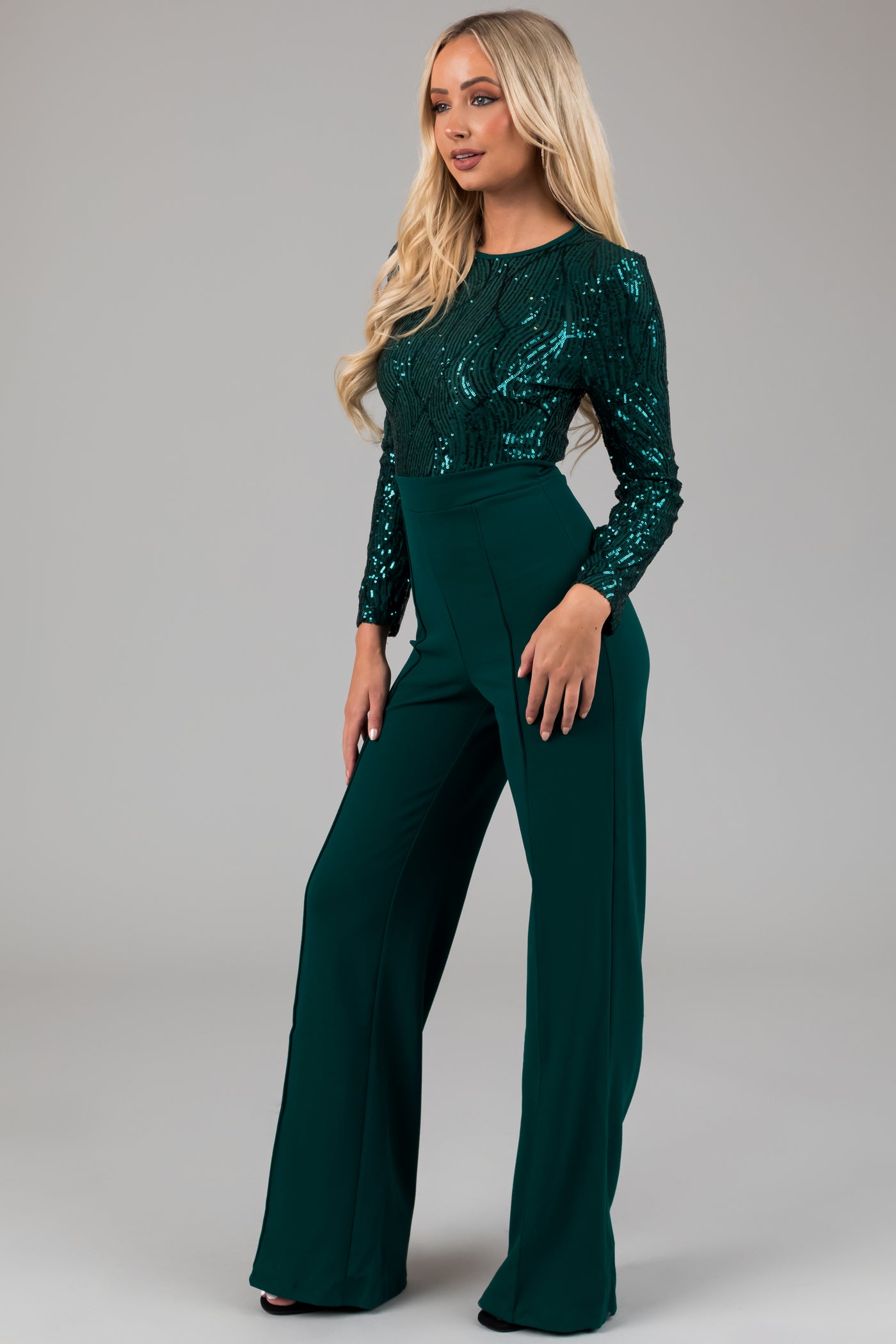 Hunter Green Sequin Long Sleeve Jumpsuit Lime Lush