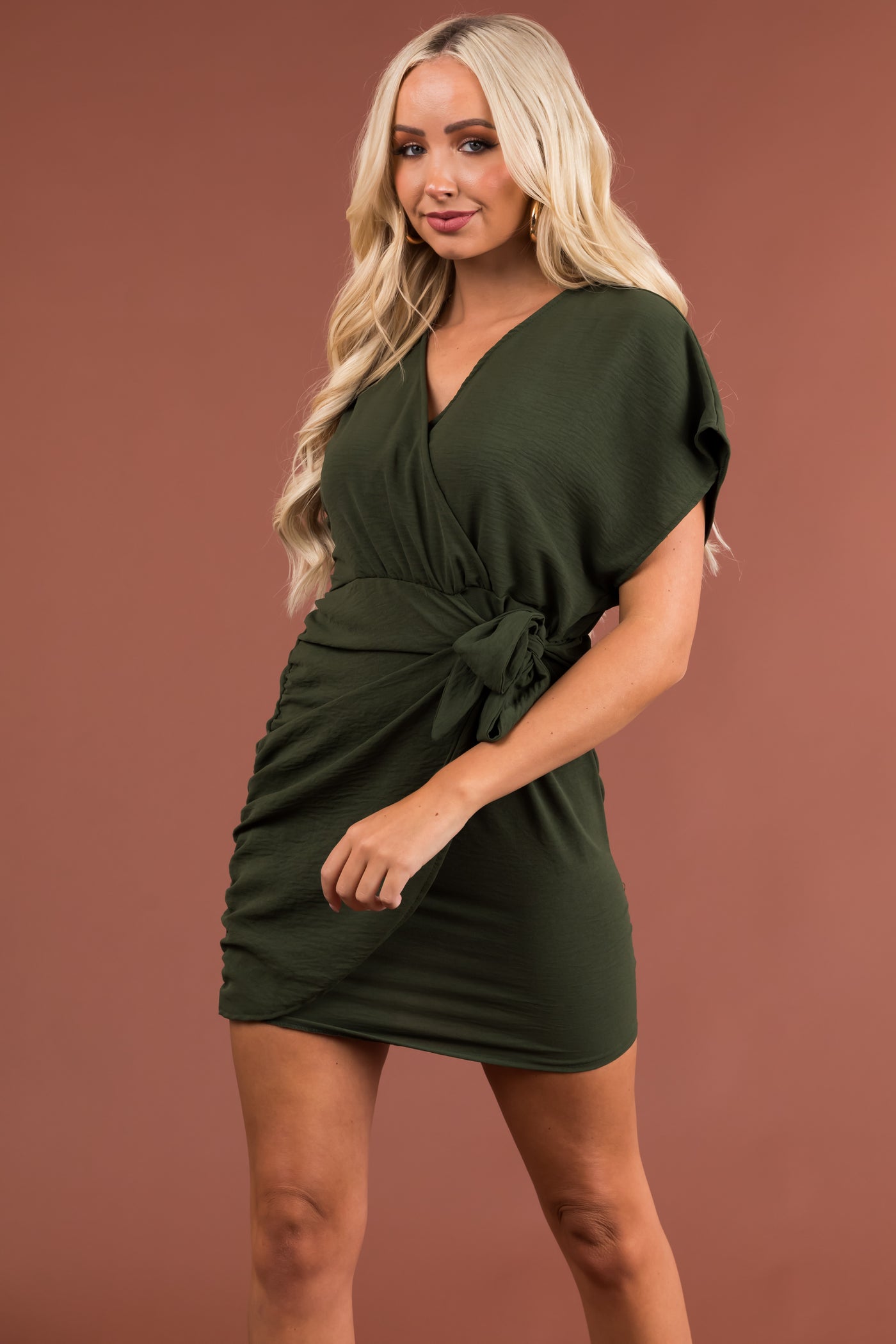 Hunter Green Short Wrap Dress with Ruching