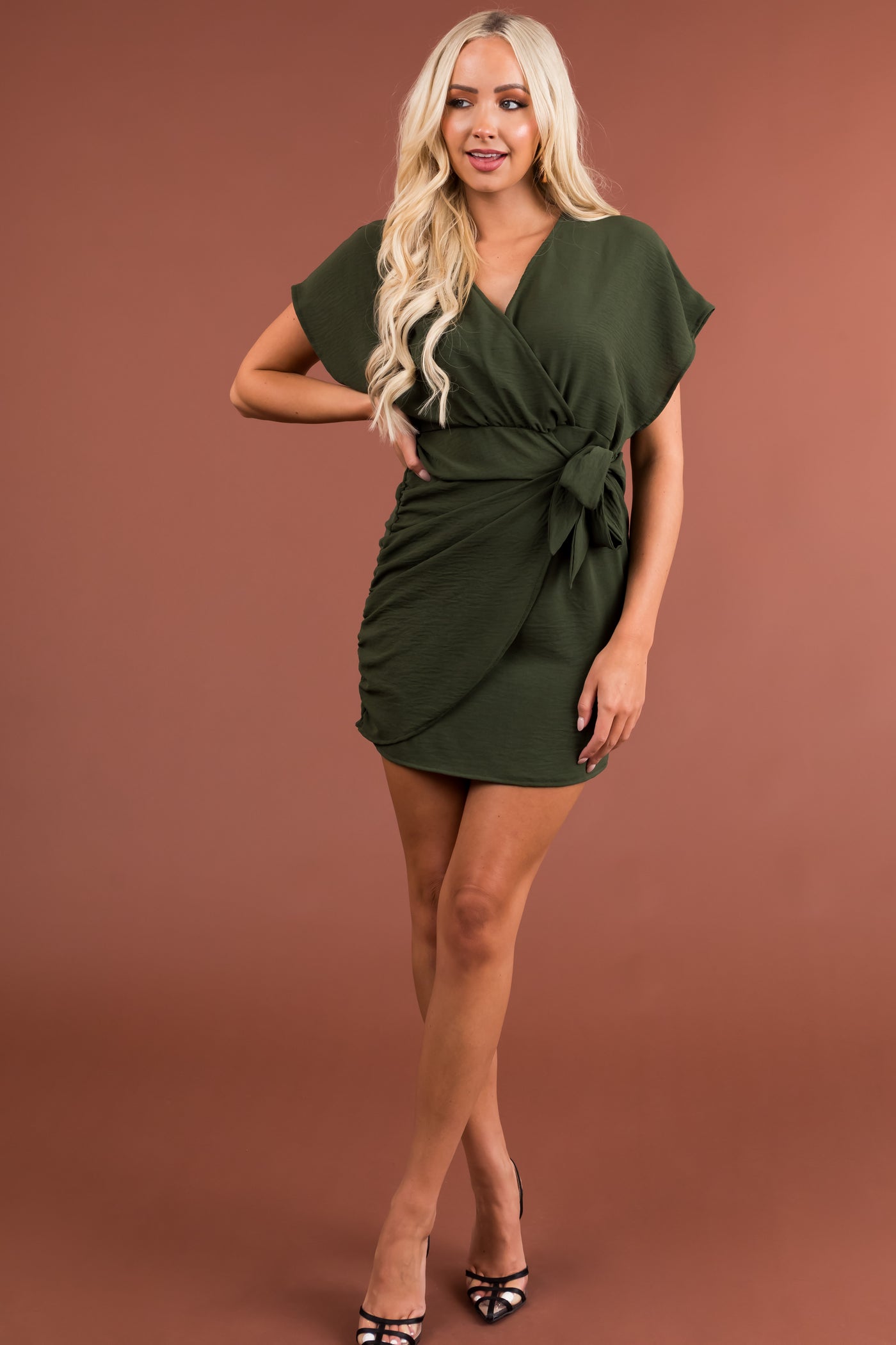 Hunter Green Short Wrap Dress with Ruching